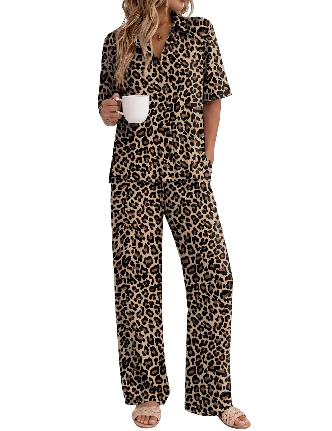 Ekouaer Pajamas for Women Set Button Up Short Sleeve Pjs with Long Pants