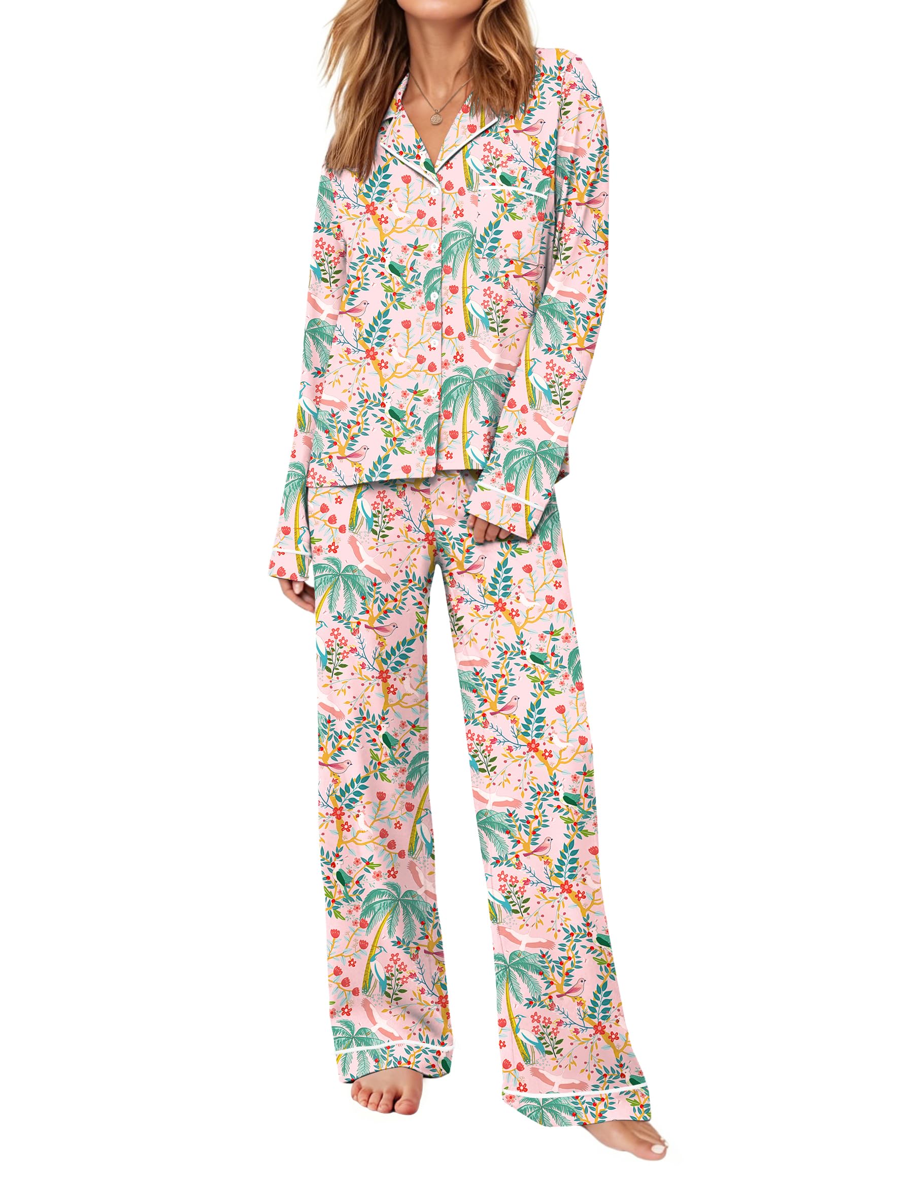 Ekouaer Womens Pajama Sets Long Sleeve Button Down Lounge Sets with Pockets