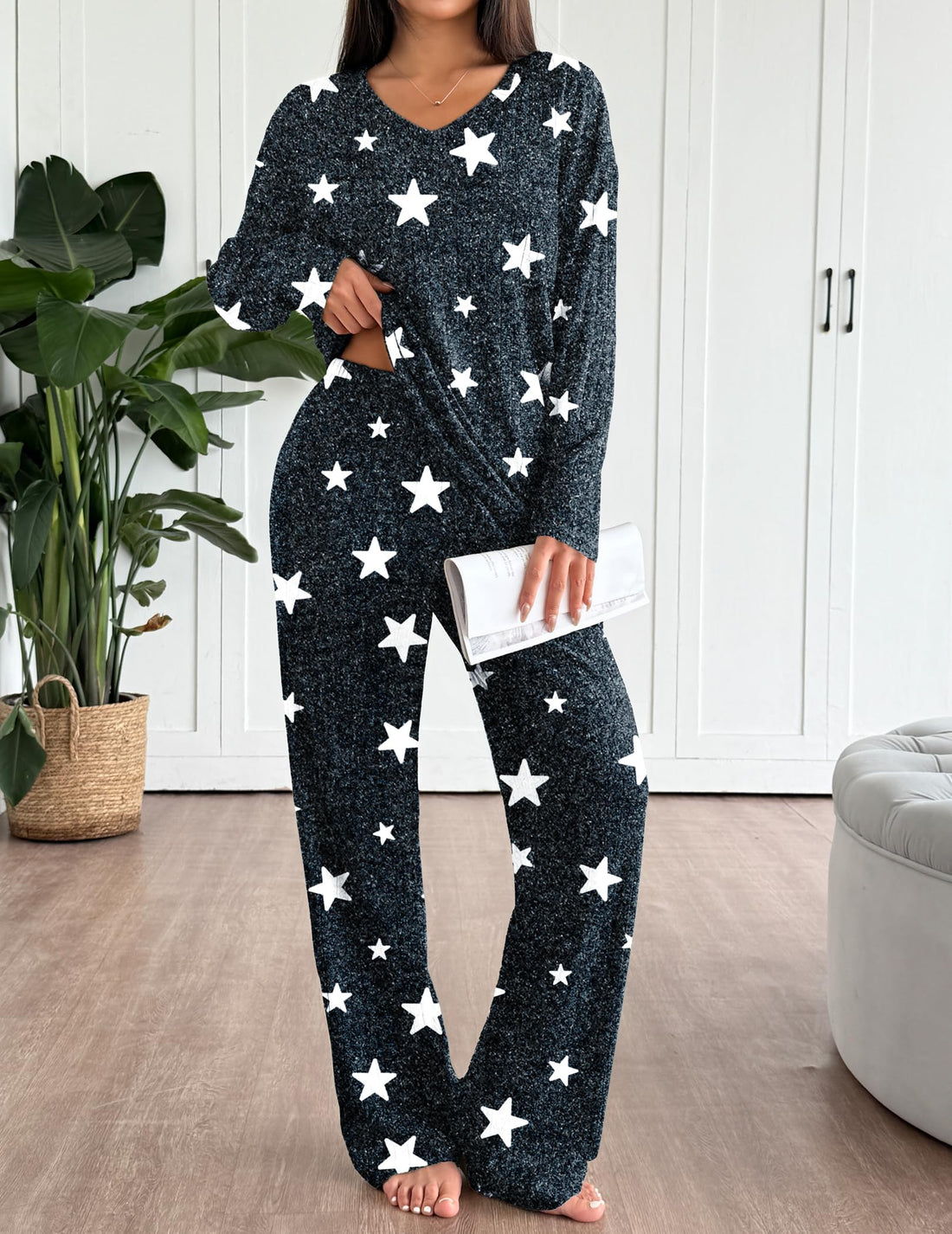 Ekouaer Lounge Sets for Women Long Sleeve Knit Ribbed Pajama Sets 2 Piece Casual Loungewear with Pockets