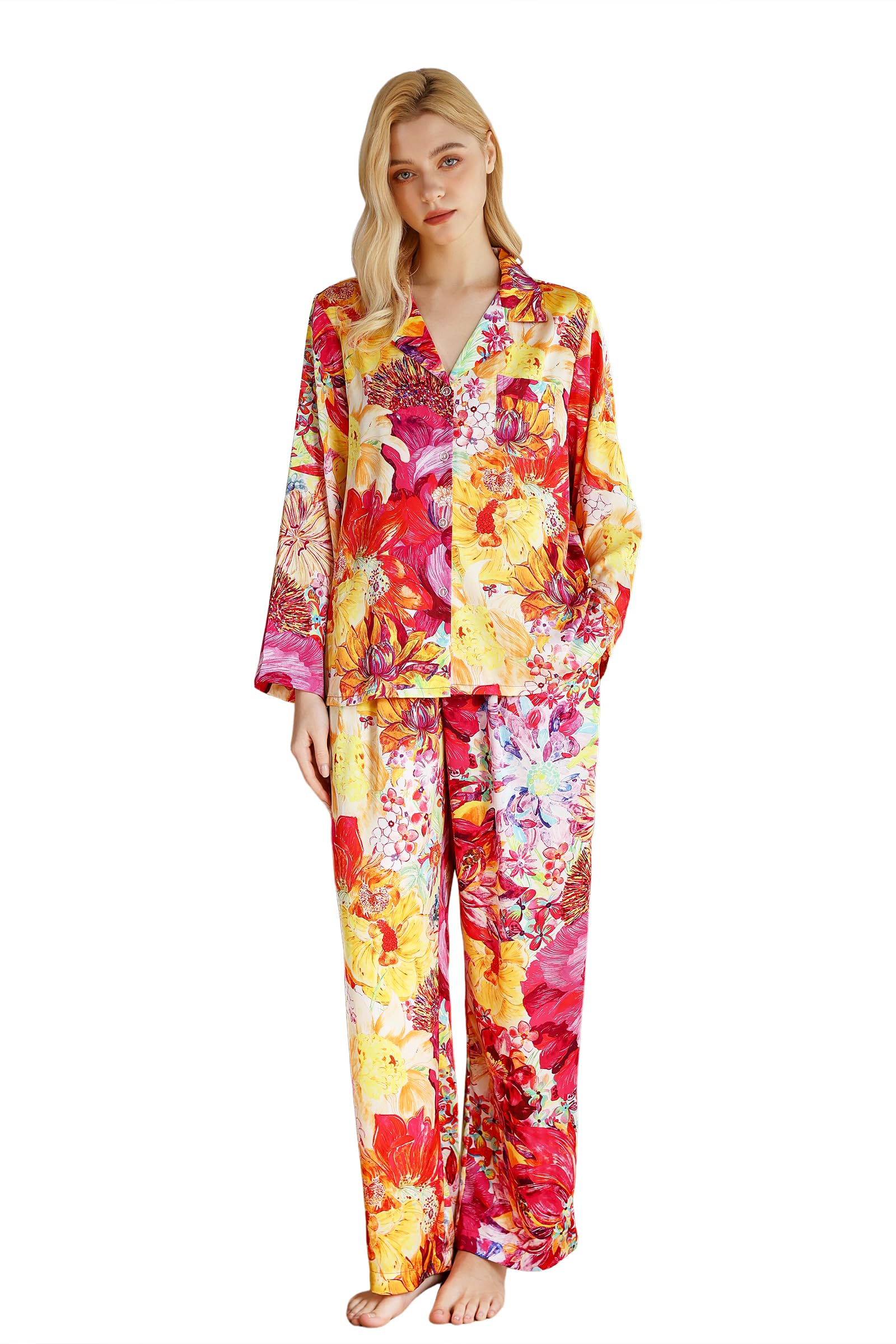 YiNi LuLu Womens Silk Satin Pajamas Set Button Down 2 Piece Pjs Long Sleeve Oversized Sleepwear with Pockets