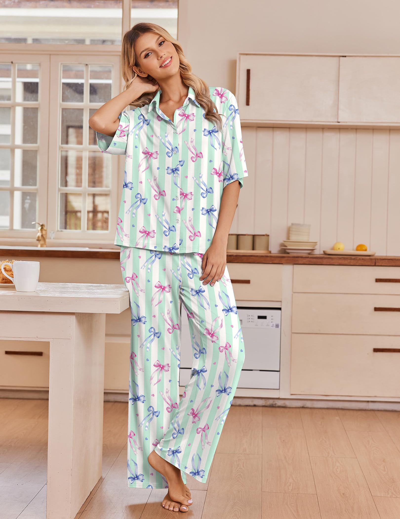 Ekouaer Pajamas for Women Set Button Up Short Sleeve Pjs with Long Pants