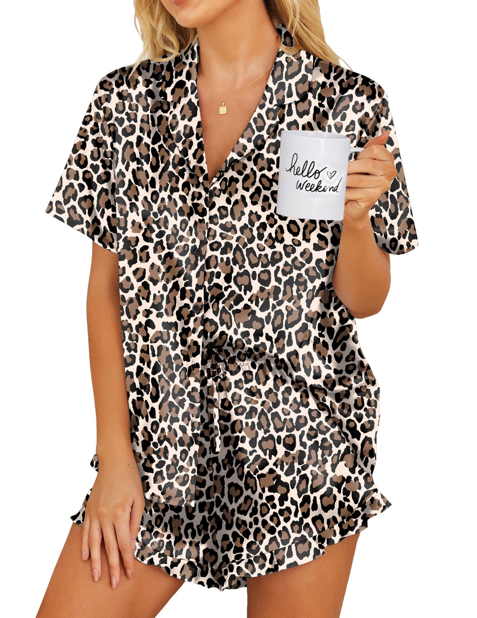 Ekouaer Womens Satin Pajamas Set Button Down Silk Pj Shorts Set with Ruffle