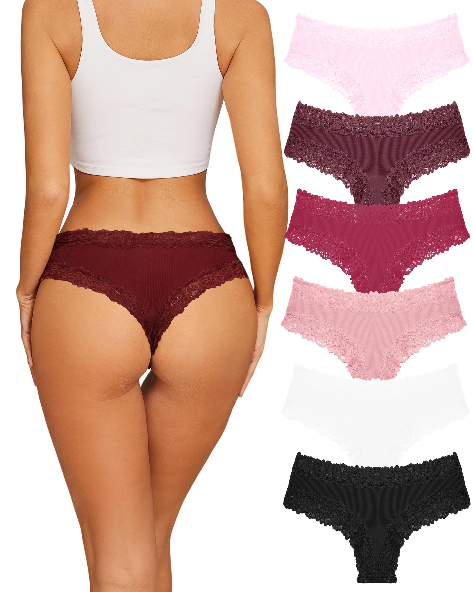 Sth Big Womens Cotton Underwear Sexy Lace Brazilian Panties Soft Breathable Cotton Bikini for Ladies 6 Pack