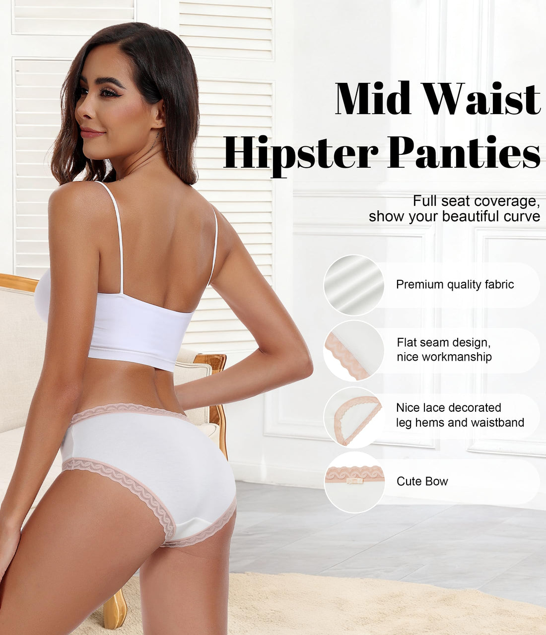 ANLIQI Cotton Underwear for Women Soft Lace Trim Hipster Panties Low Rise Bikini Undies Multipack