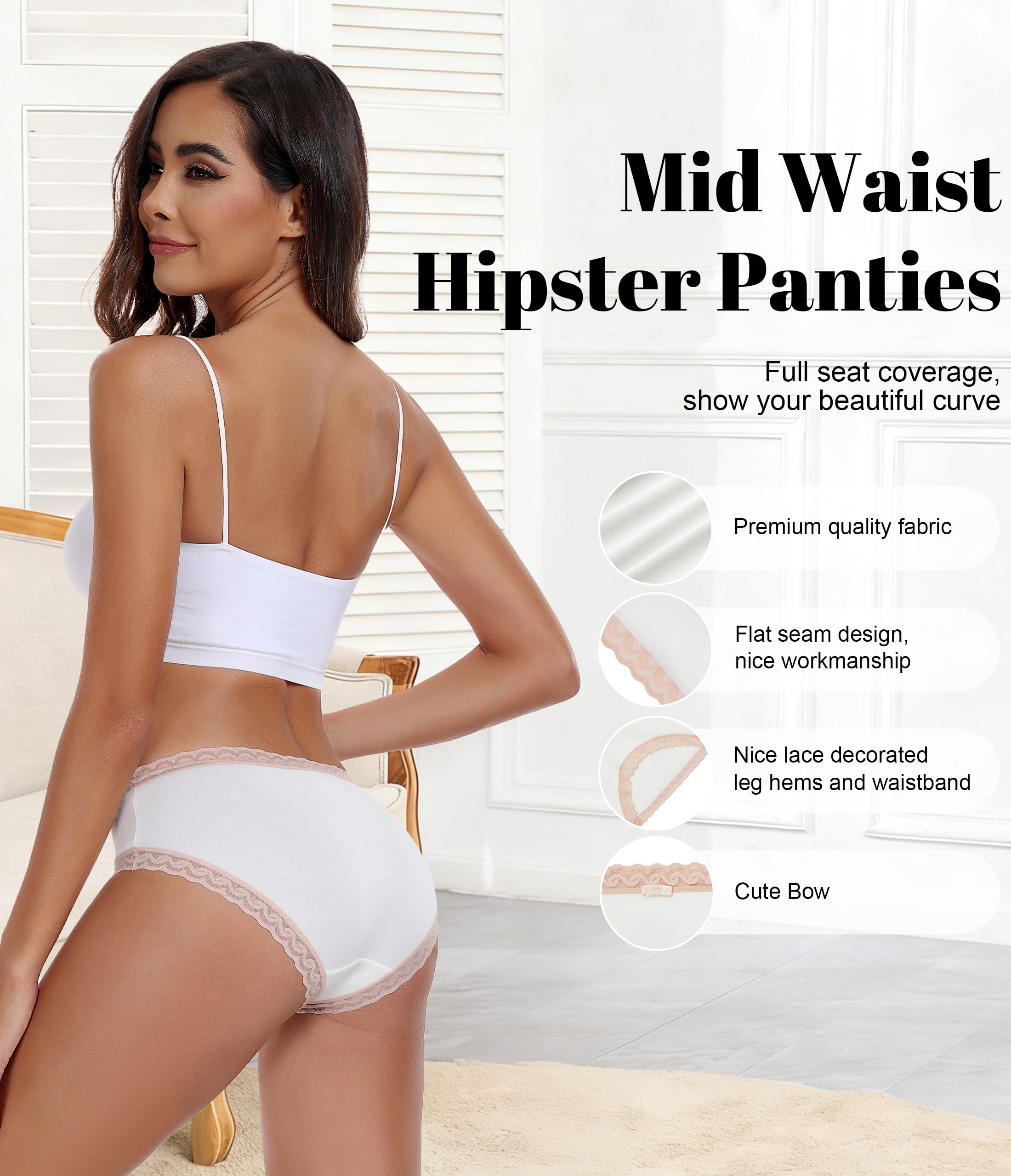 ANLIQI Cotton Underwear for Women Soft Lace Trim Hipster Panties Low Rise Bikini Undies Multipack