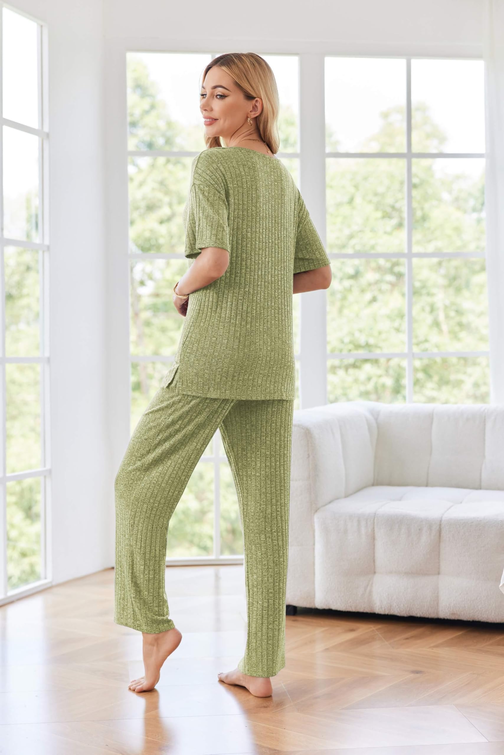 Ekouaer Womens Ribbed Knit Lounge Set Short Sleeve Top and Long Pants Sleepwear Pajama Set Two Piece Matching Outfits Set