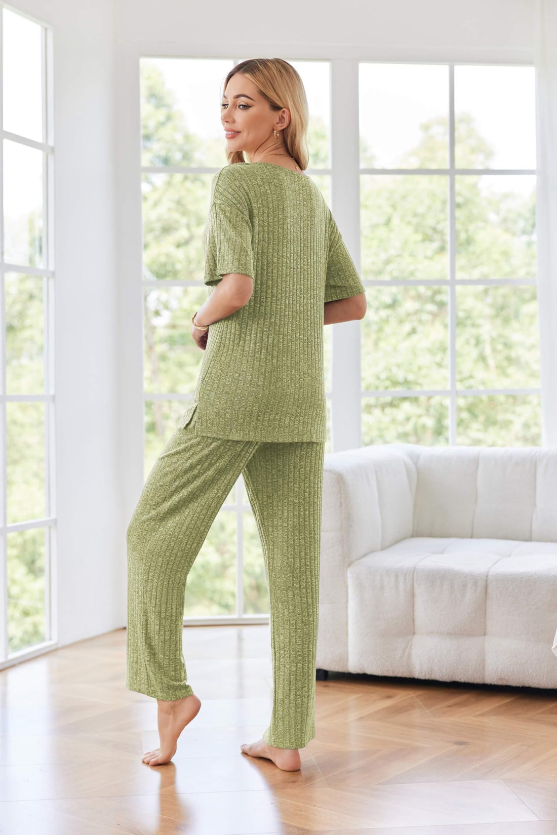 Ekouaer Womens Ribbed Knit Lounge Set Short Sleeve Top and Long Pants Sleepwear Pajama Set Two Piece Matching Outfits Set