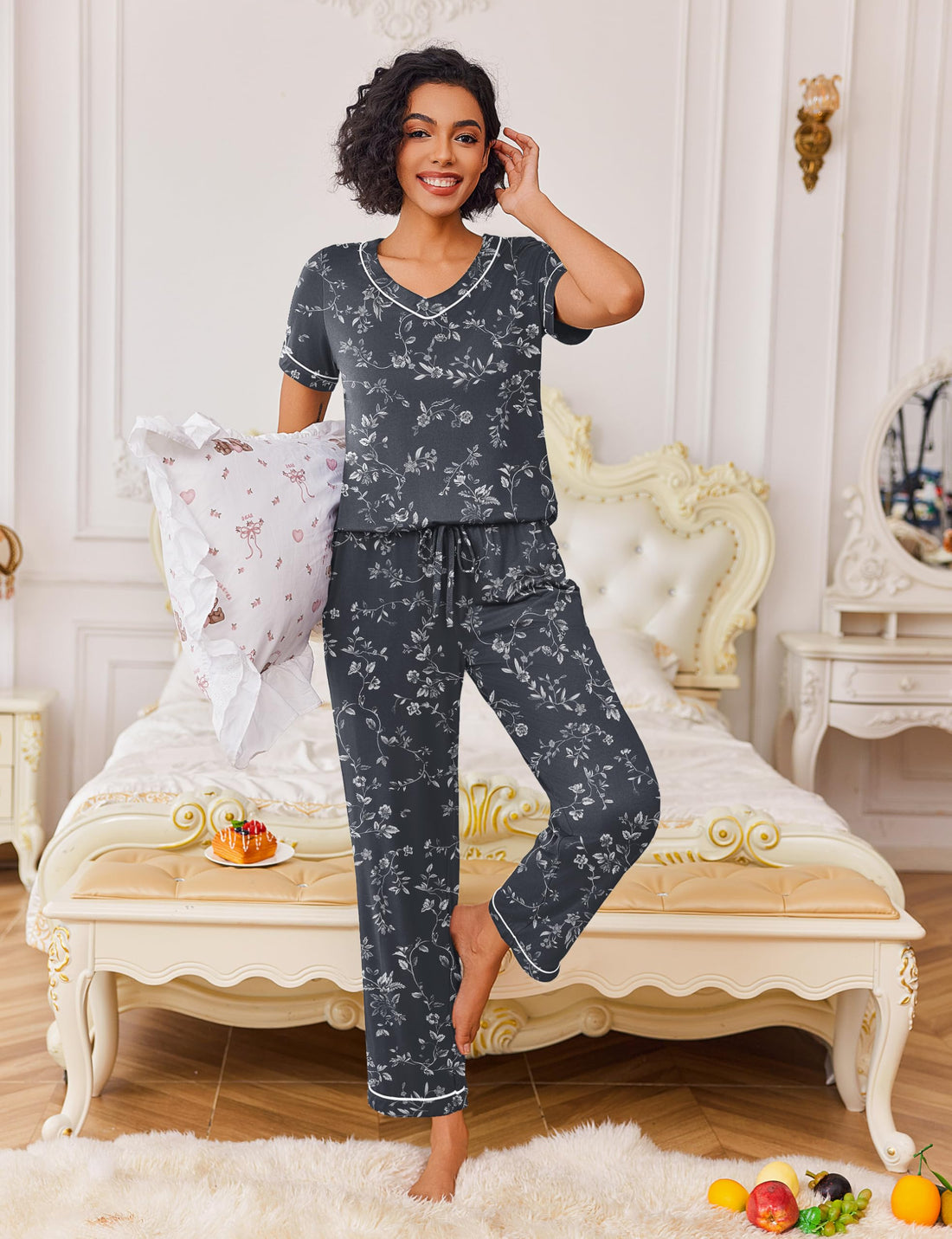 Ekouaer Pajamas for Women Set 2 Piece Lounge Set Soft Pajama Sets Short Sleeve and Pants Pj Sets Loose Sleepwear with Pockets