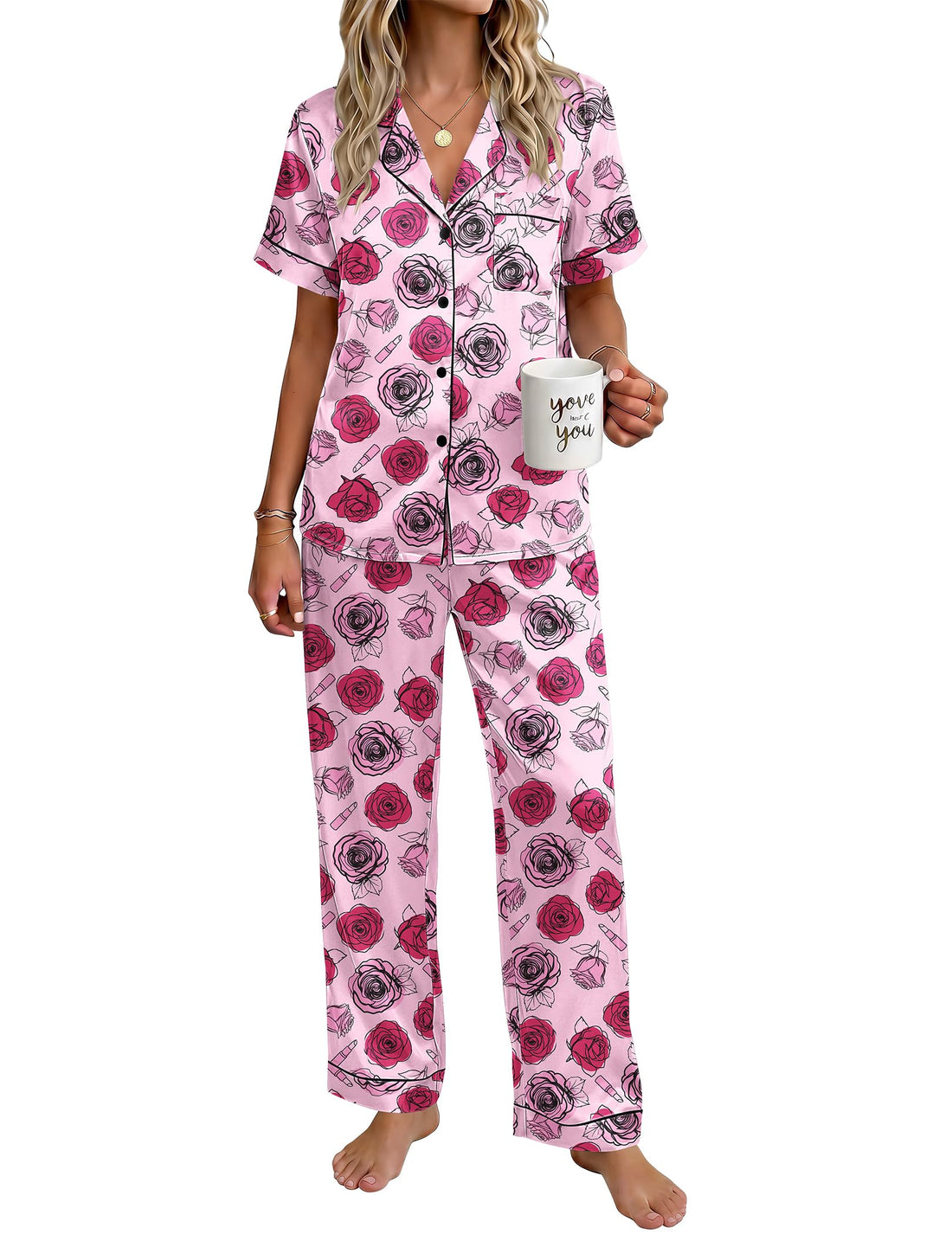 Ekouaer Womens Satin Pajama Set Silky Short Sleeve Button Down Pj Set