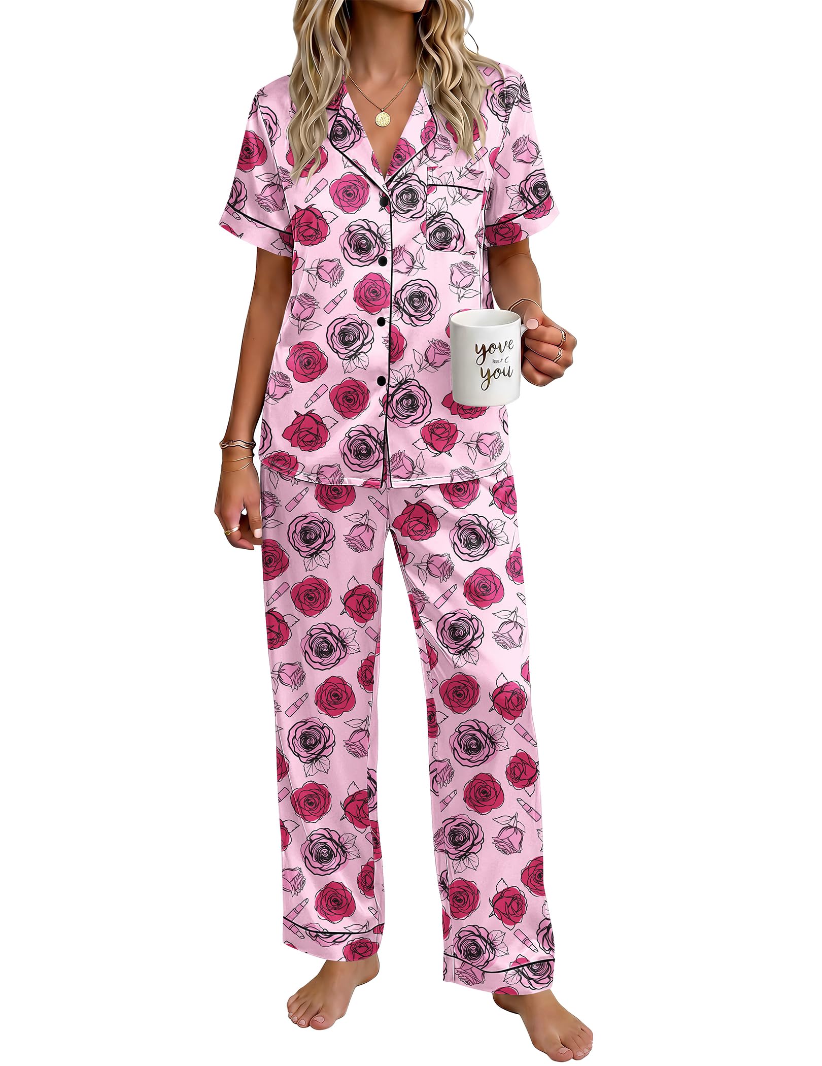 Ekouaer Womens Satin Pajama Set Silky Short Sleeve Button Down Pj Set