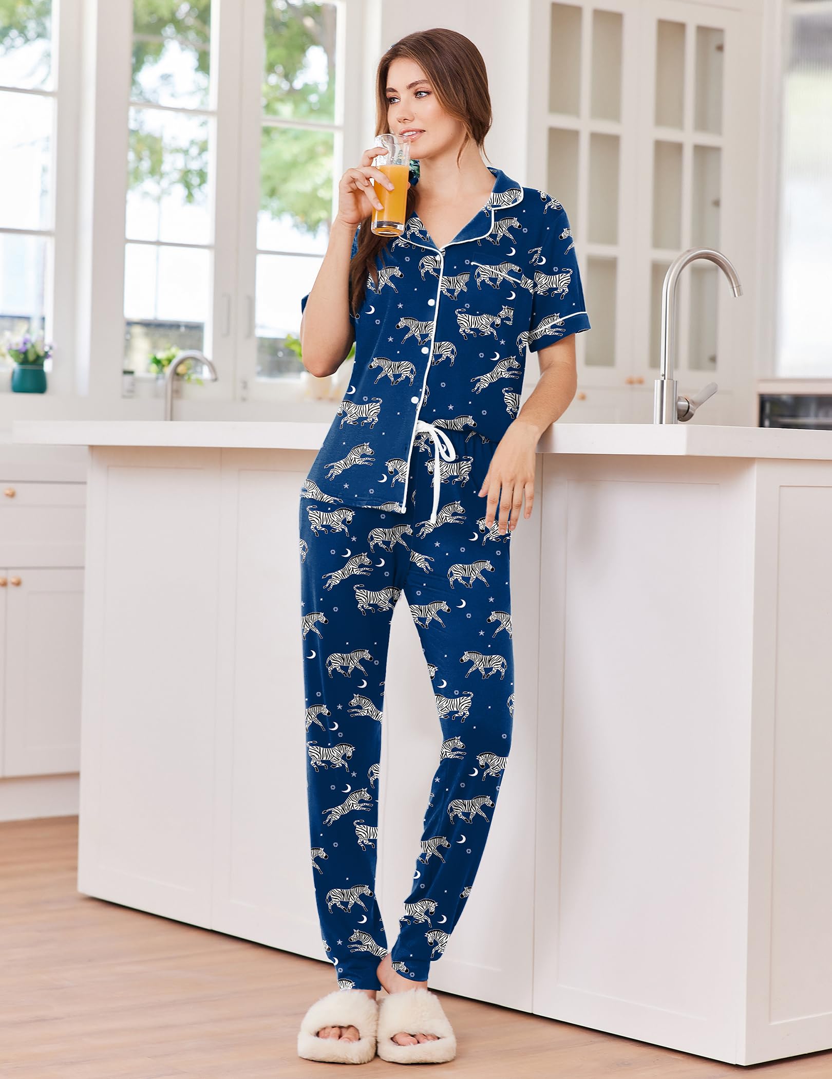 Ekouaer Women Pajama Set Short Sleeve Button Down Pjs with Jogger Pants