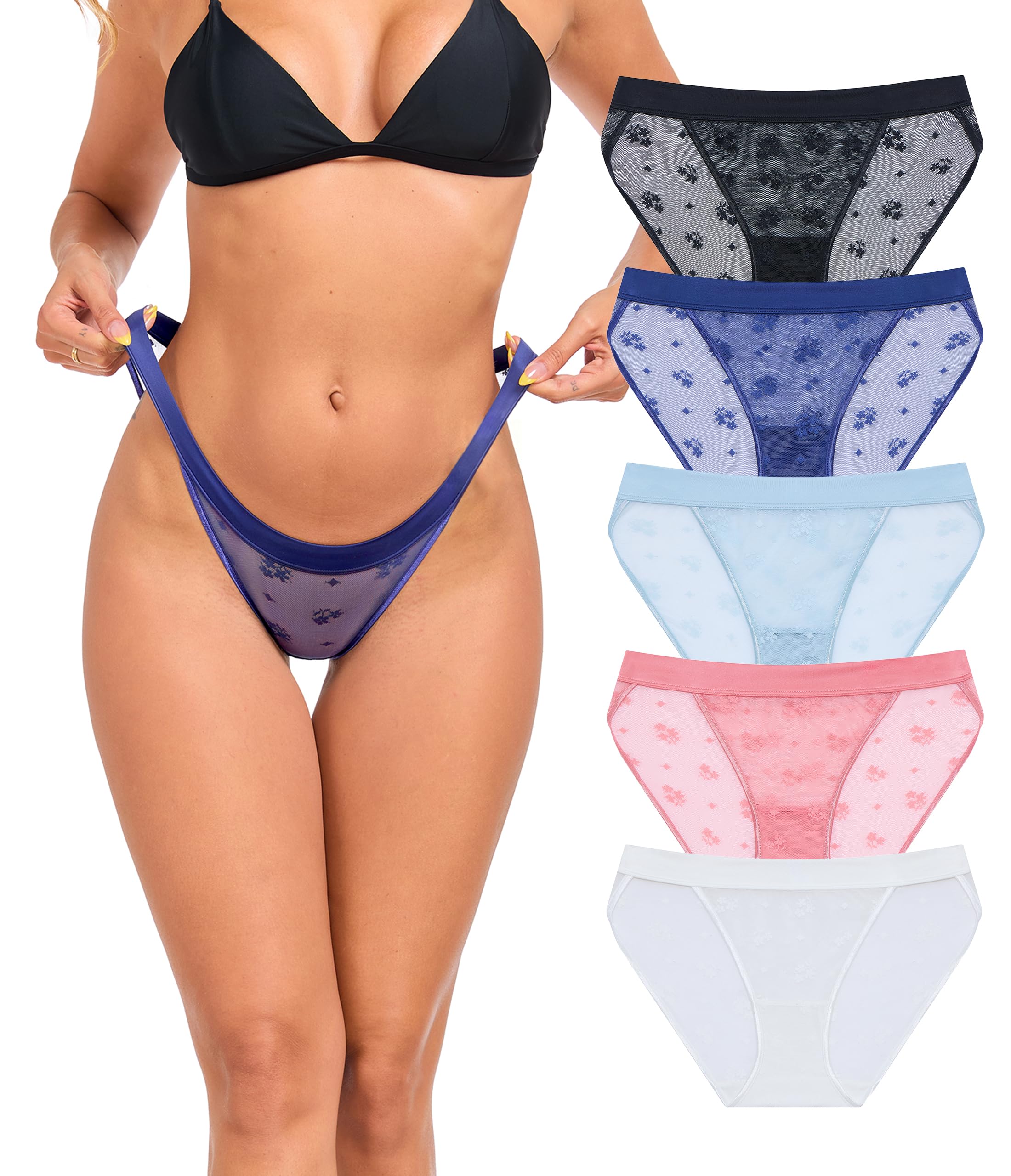 ANLIQI Womens Sexy Underwear Mesh See Through Bikini Panties Pack Hi Cut Briefs Sheer Lace String Lingerie Hipster for Lady
