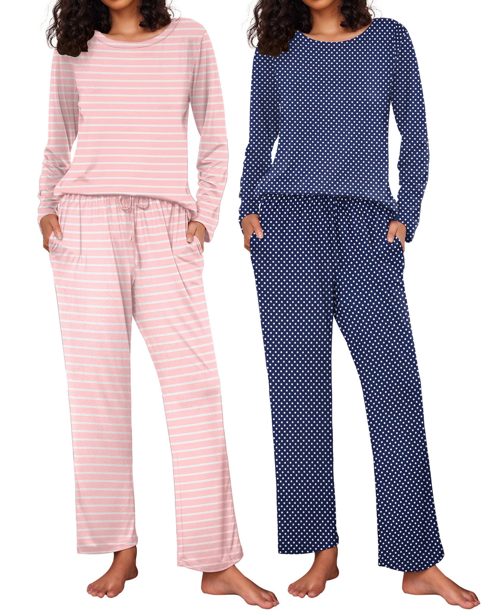 Ekouaer Women's 2 Pack Pajama Sets Long Sleeve Lounge Set Soft Comfy Pjs