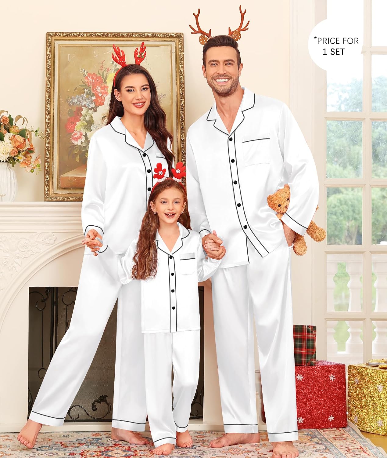 SWOMOG Family Matching Pajama Set Silky Satin Pajamas Long Sleeve Sleepwear Button Down Loungewear 2 Pcs Pj Set(White, 150(Age for 12-13Y))