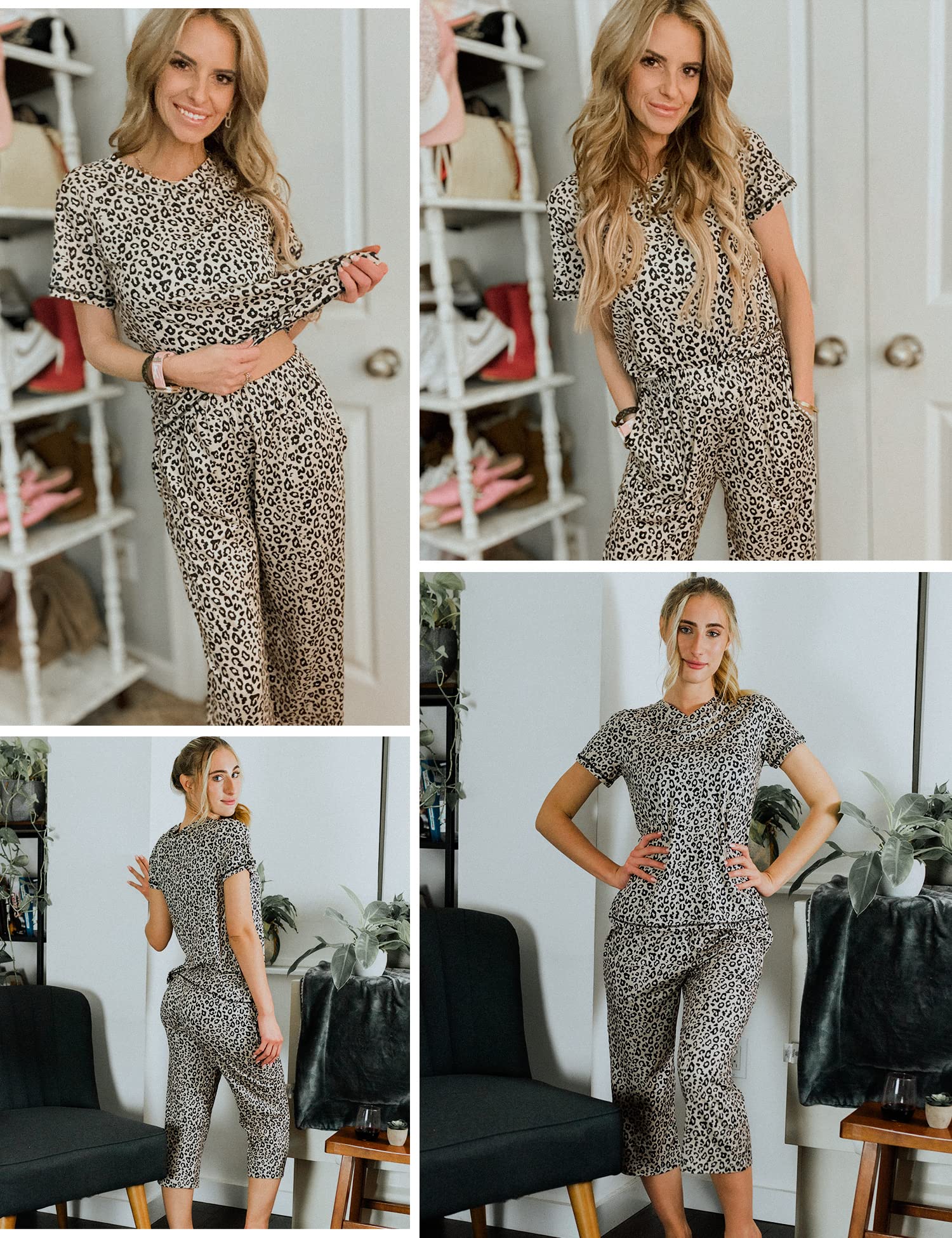 Ekouaer 2 Pack Women's Capri Pajama Sets Short Sleeve Two-Piece Pjs V Neck Tops & Pants Printed Lounge Sets S-3XL