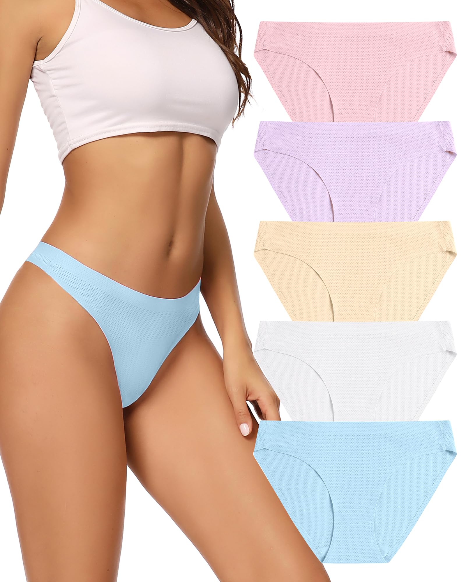 voenxe Women Bikini Underwear,Seamless Breathable Ladies No Show Panties | 5 Pack Invisible Comfortable Briefs,No Seam Soft Woman Mesh Workout Undies,Elastic Comfy Stretch Gym Hipster Panty, Multipack