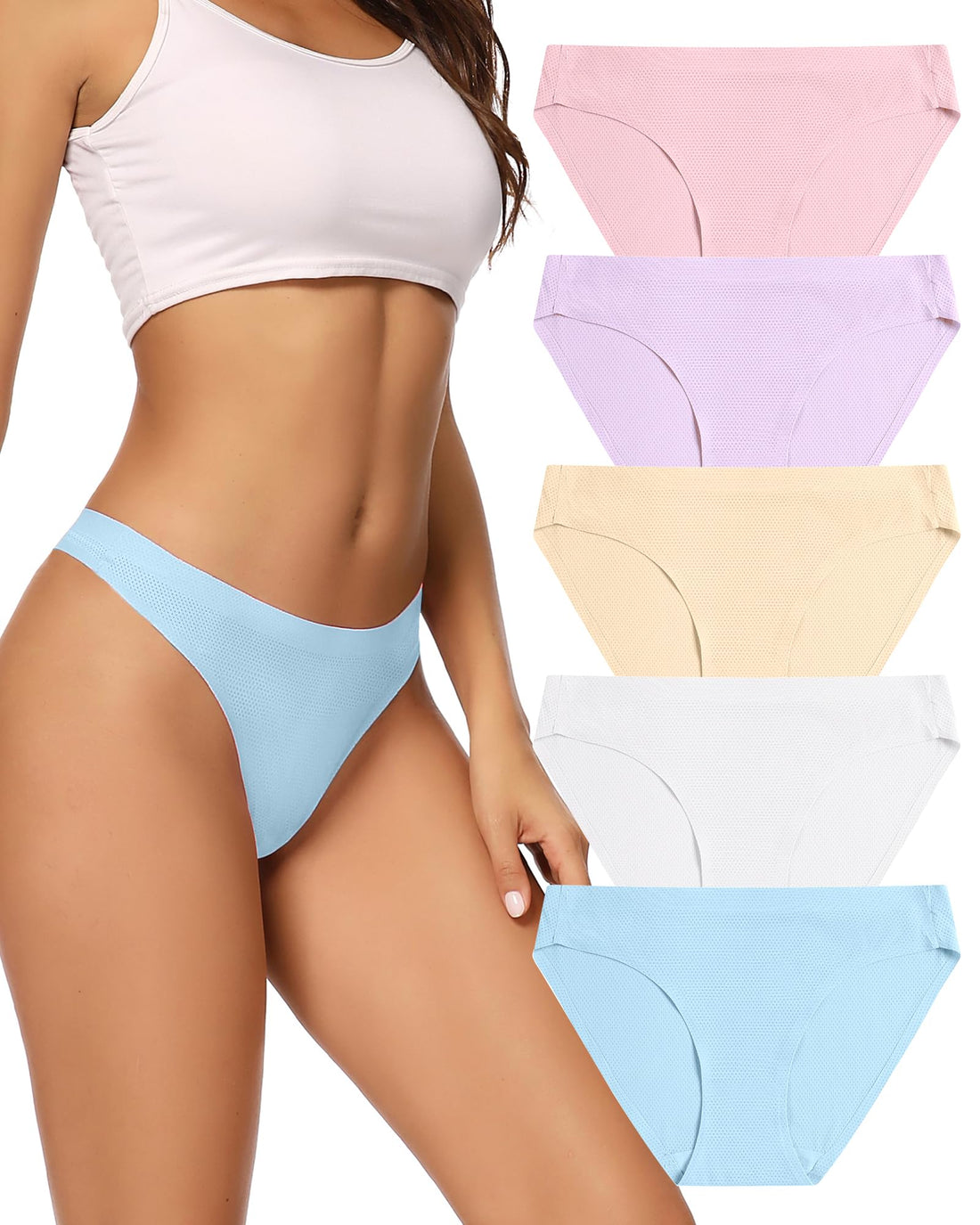 voenxe Women Bikini Underwear,Seamless Breathable Ladies No Show Panties | 5 Pack Invisible Comfortable Briefs,No Seam Soft Woman Mesh Workout Undies,Elastic Comfy Stretch Gym Hipster Panty, Multipack