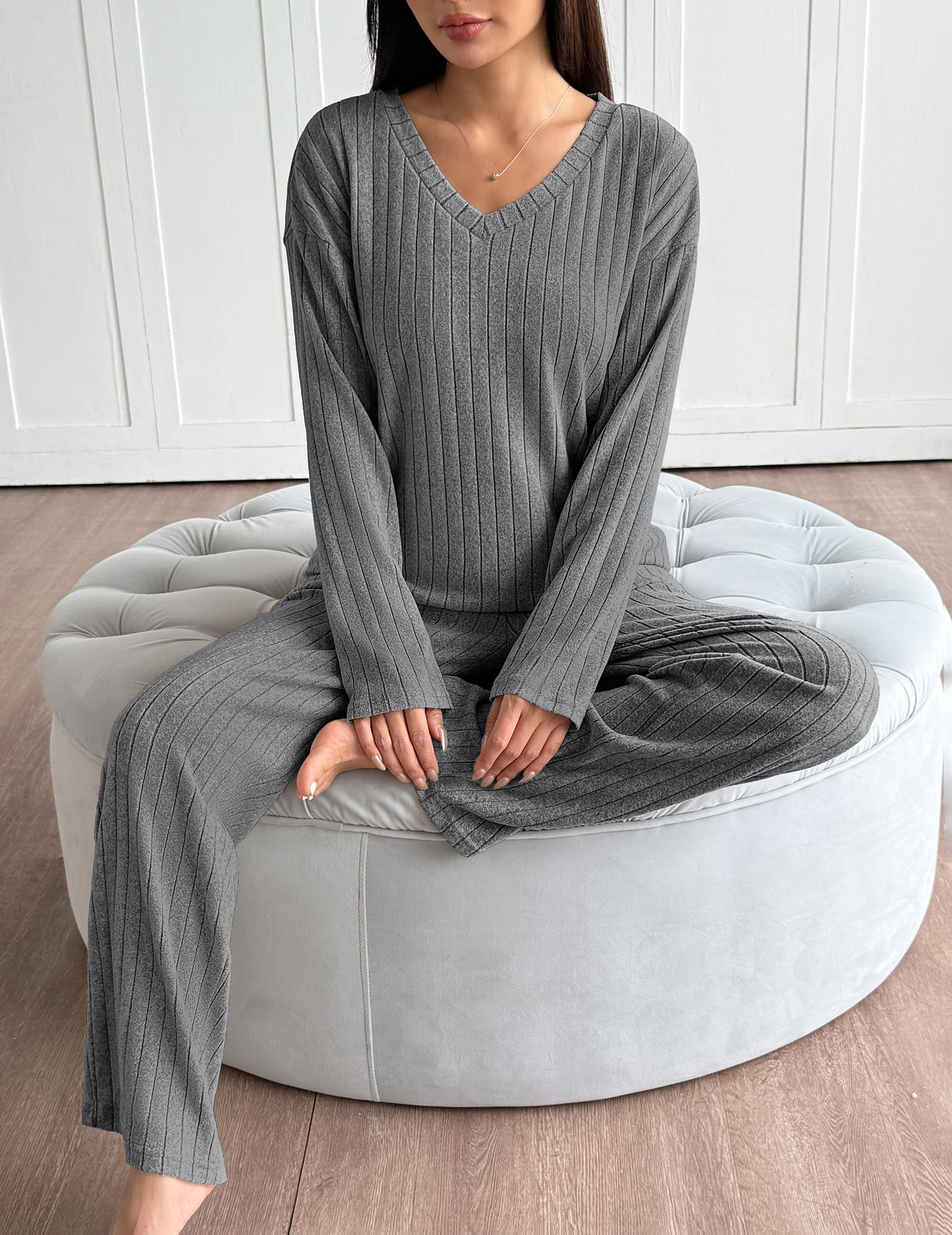 Ekouaer Lounge Sets for Women Long Sleeve Knit Ribbed Pajama Sets 2 Piece Casual Loungewear with Pockets