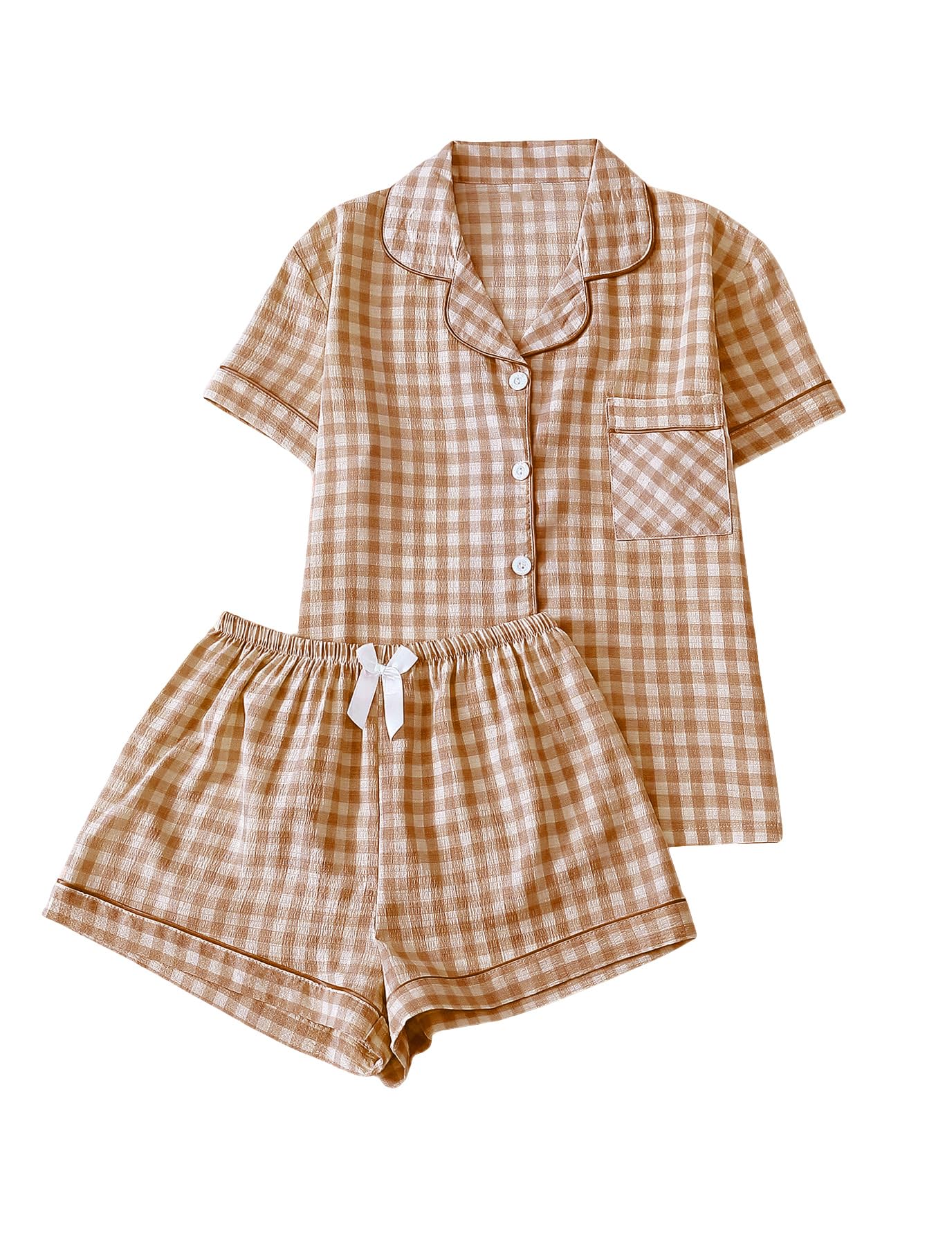 Verdusa Pajamas Sets 2 Piece Gingham Cute Button Down Shirts with Shorts