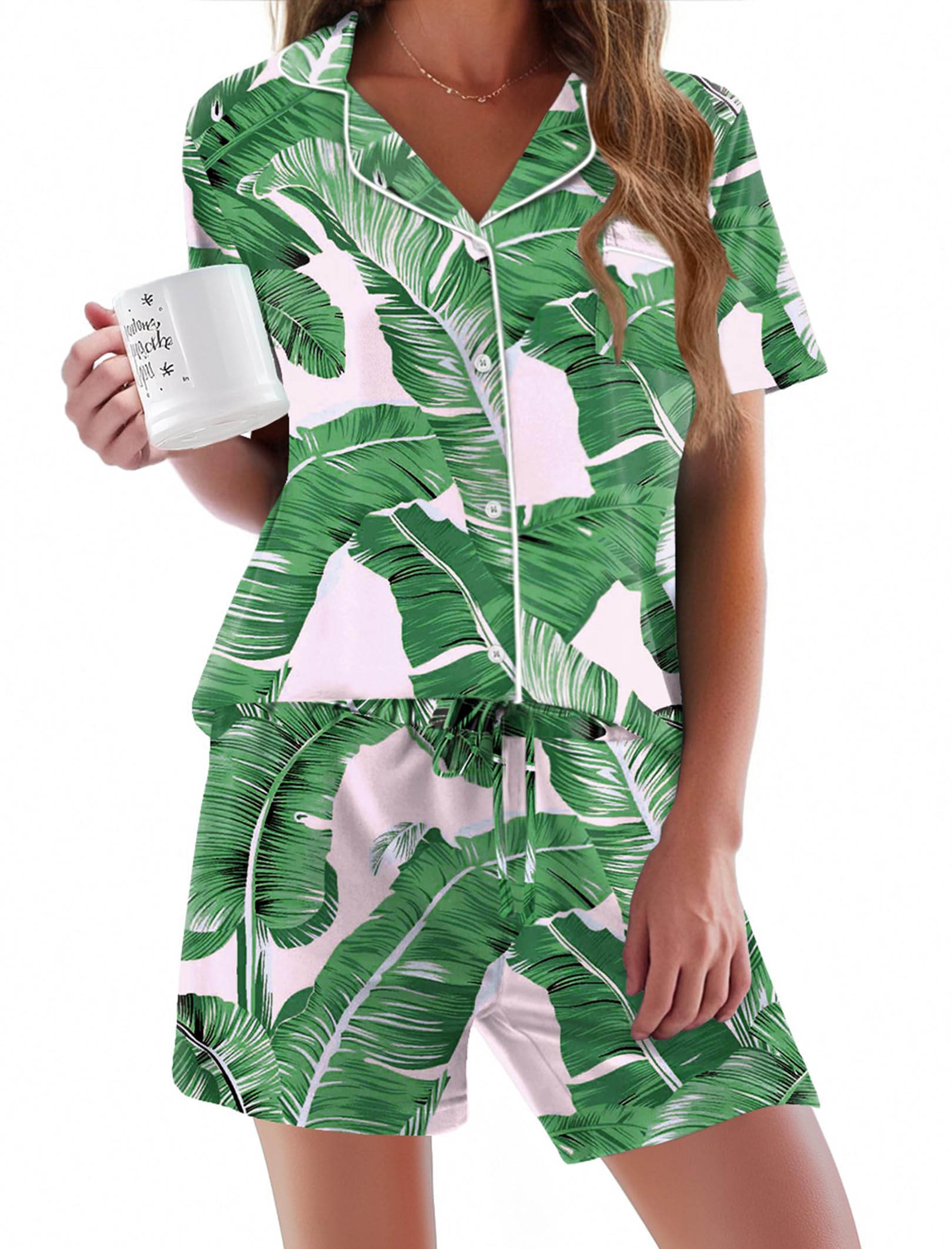 Ekouaer Pajamas Set for Women Short Sleeve Sleepwear Button Down Pj XS-XXXL
