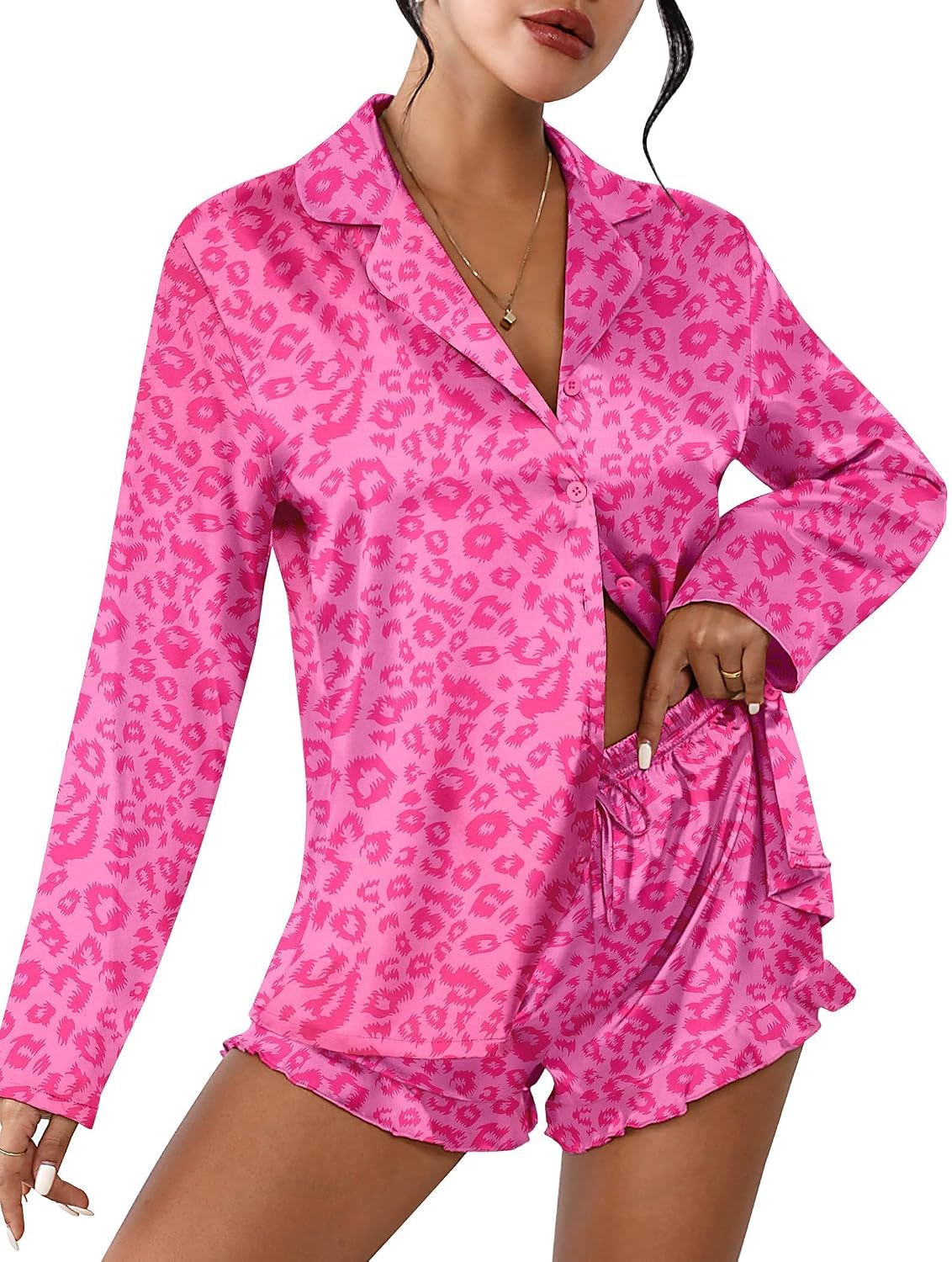 Ekouaer Womens Satin Pajama Sets Cute Button Down Silk Pjs with Ruffle