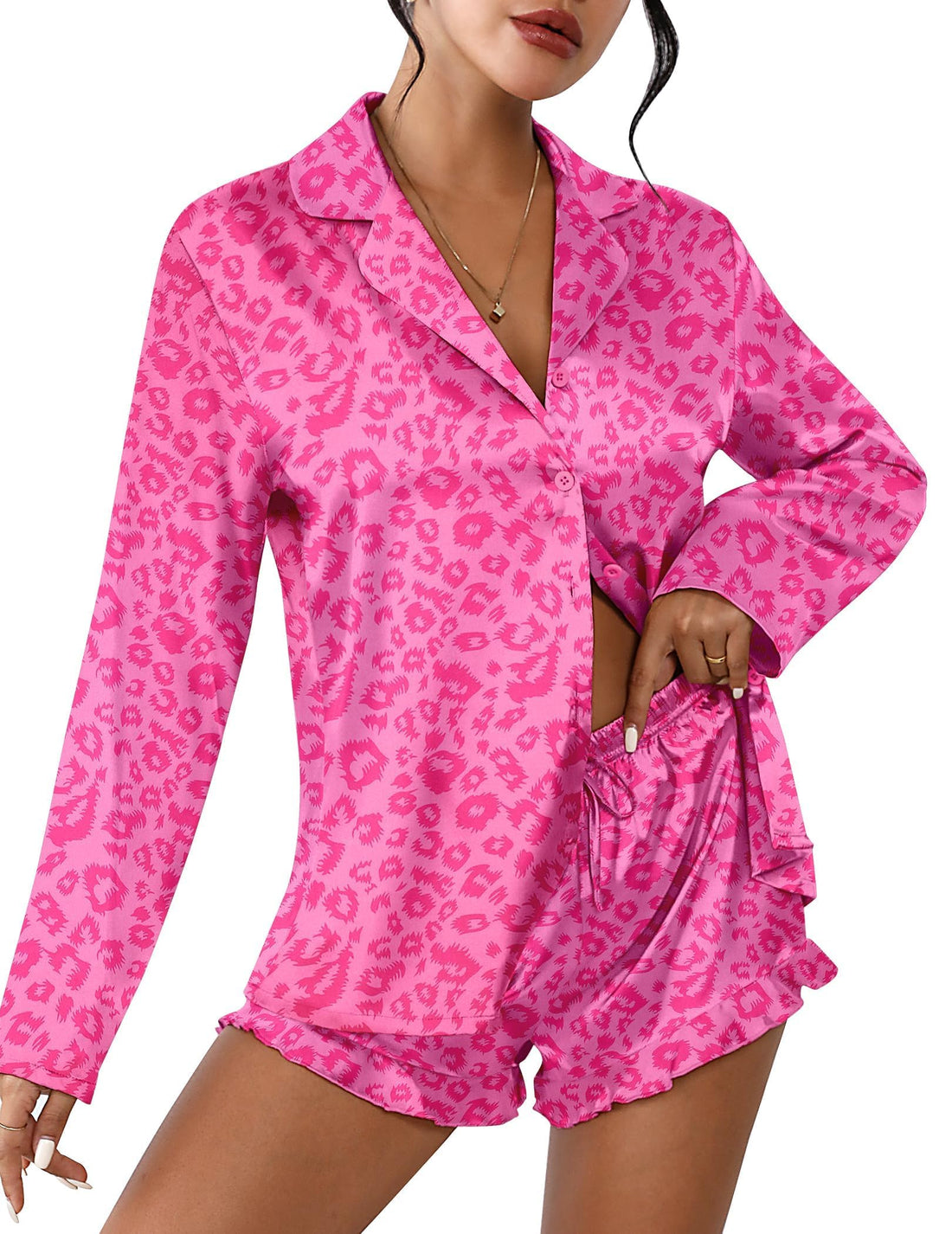 Ekouaer Womens Satin Pajama Sets Cute Button Down Silk Pjs with Ruffle