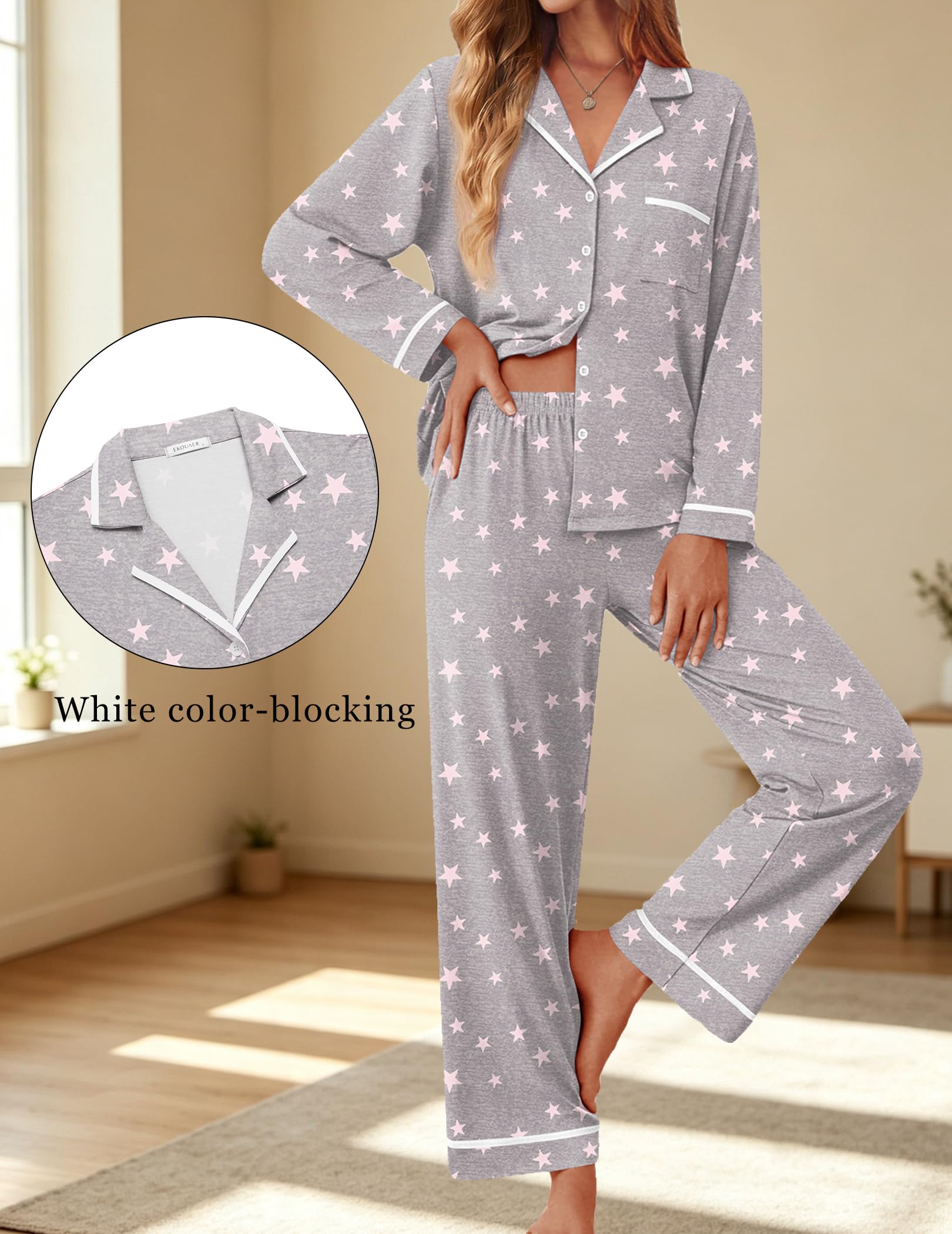 Ekouaer Womens Pajama Sets Long Sleeve Button Down Lounge Sets with Pockets