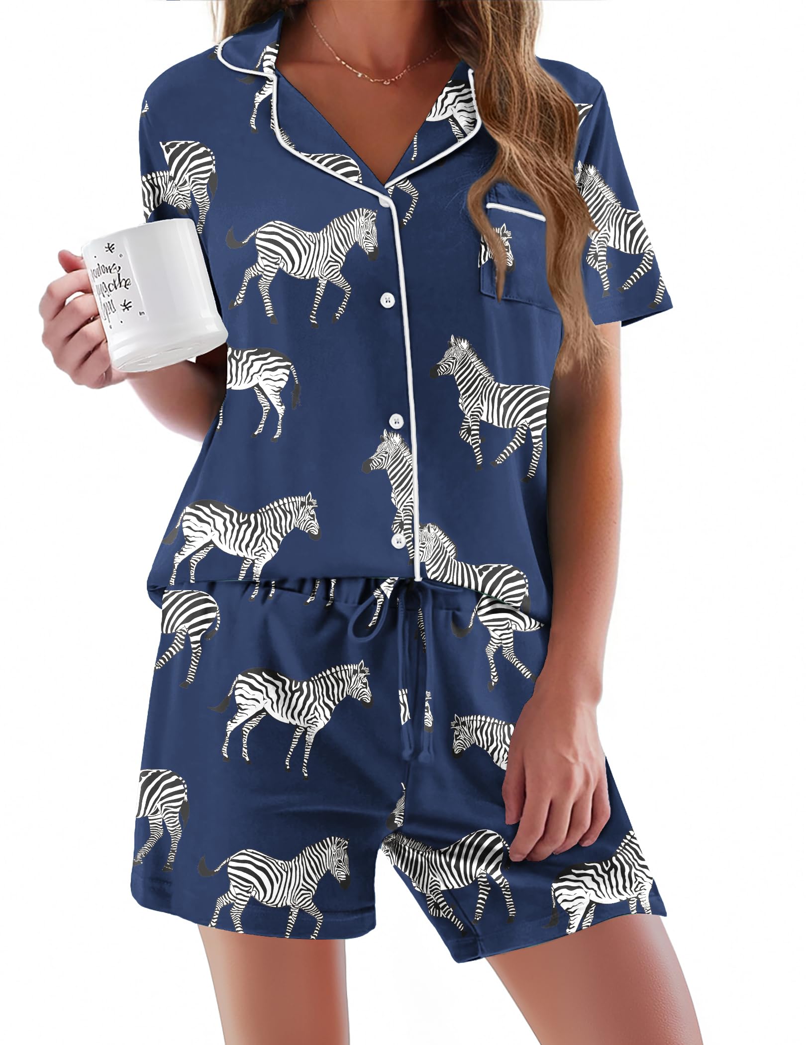 Ekouaer Pajamas Set for Women Short Sleeve Sleepwear Button Down Pj XS-XXXL