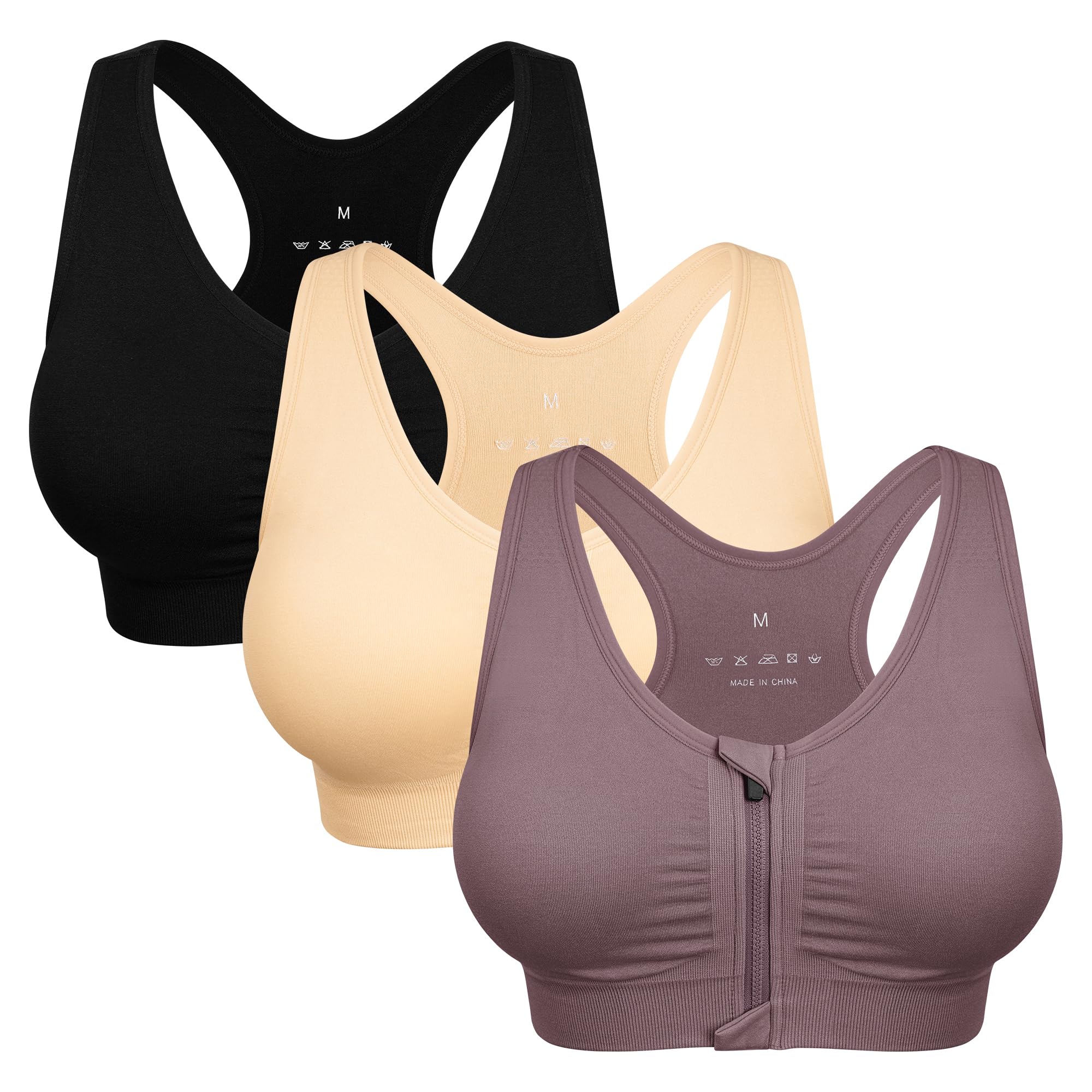 Women's Zip Front Sports Bra Wireless Post-Surgery Bra Workout Sports Bras | Zipper Front Closure, Surgical Mastectomy Bra, Post Op, Compression, Comfort, Medium Support, Active, Yoga, Removable Pads