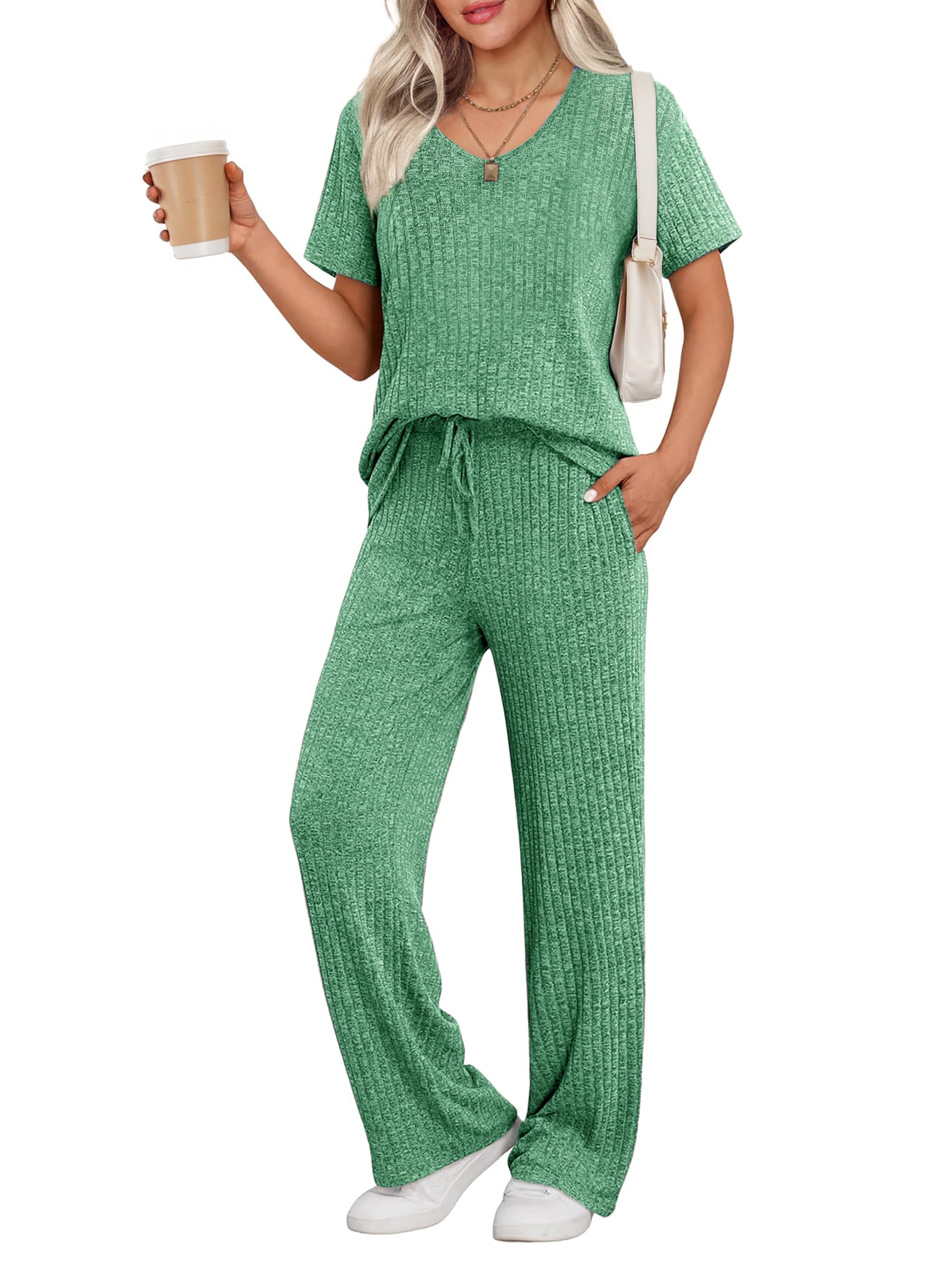 Ekouaer Womens Ribbed Knit Lounge Set Short Sleeve Top and Long Pants Sleepwear Pajama Set Two Piece Matching Outfits Set