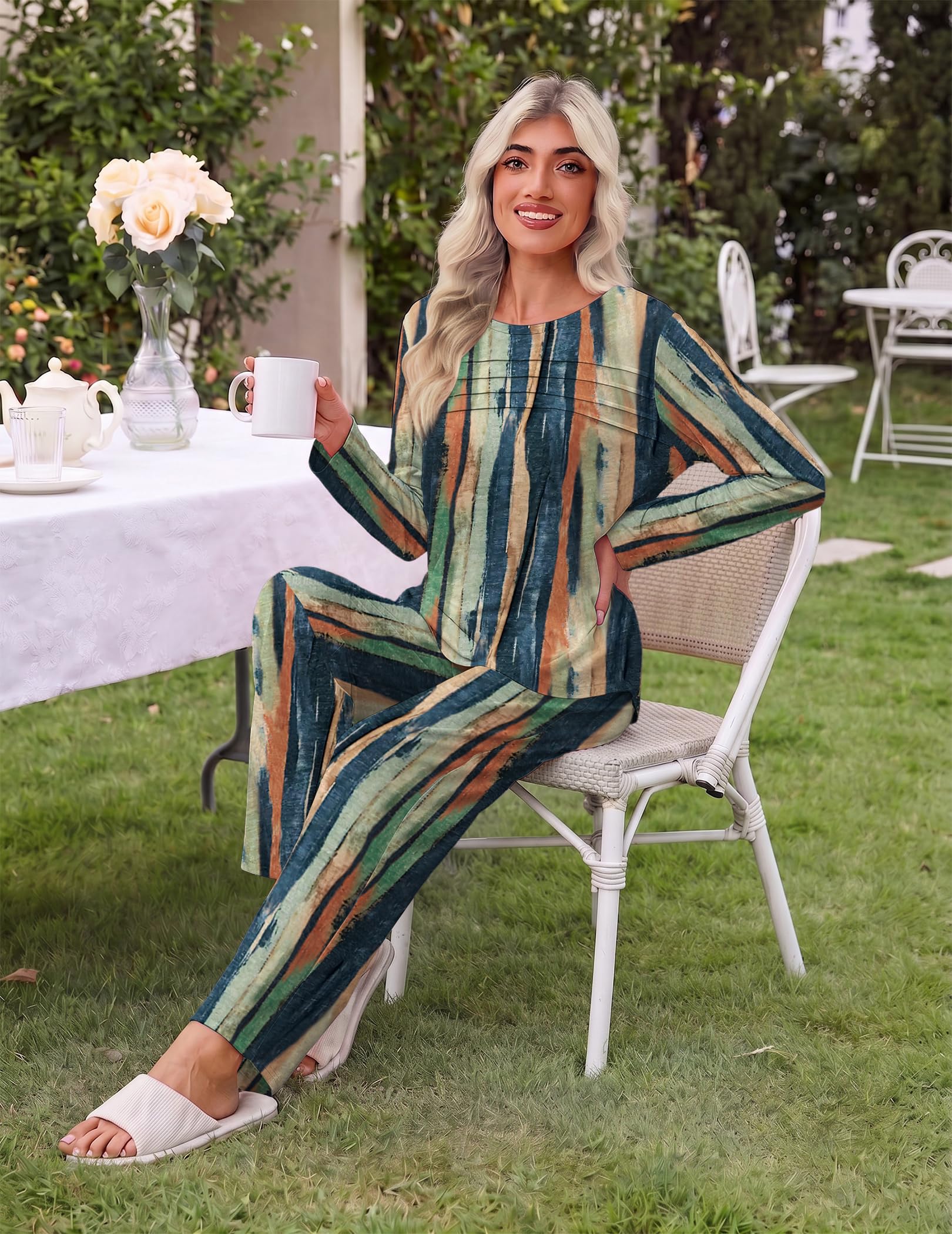 Ekouaer Womens Pajama Sets Pleated Tops with Long Sleeve Fall Lounge Set