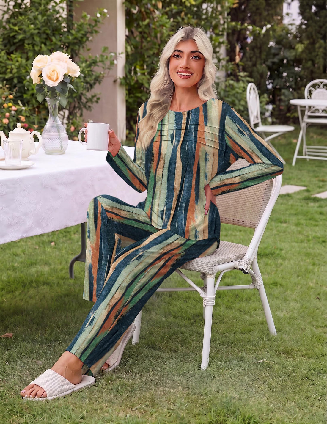 Ekouaer Womens Pajama Sets Pleated Tops with Long Sleeve Fall Lounge Set