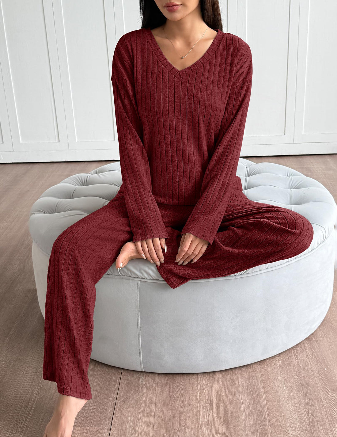 Ekouaer Lounge Sets for Women Long Sleeve Knit Ribbed Pajama Sets 2 Piece Casual Loungewear with Pockets
