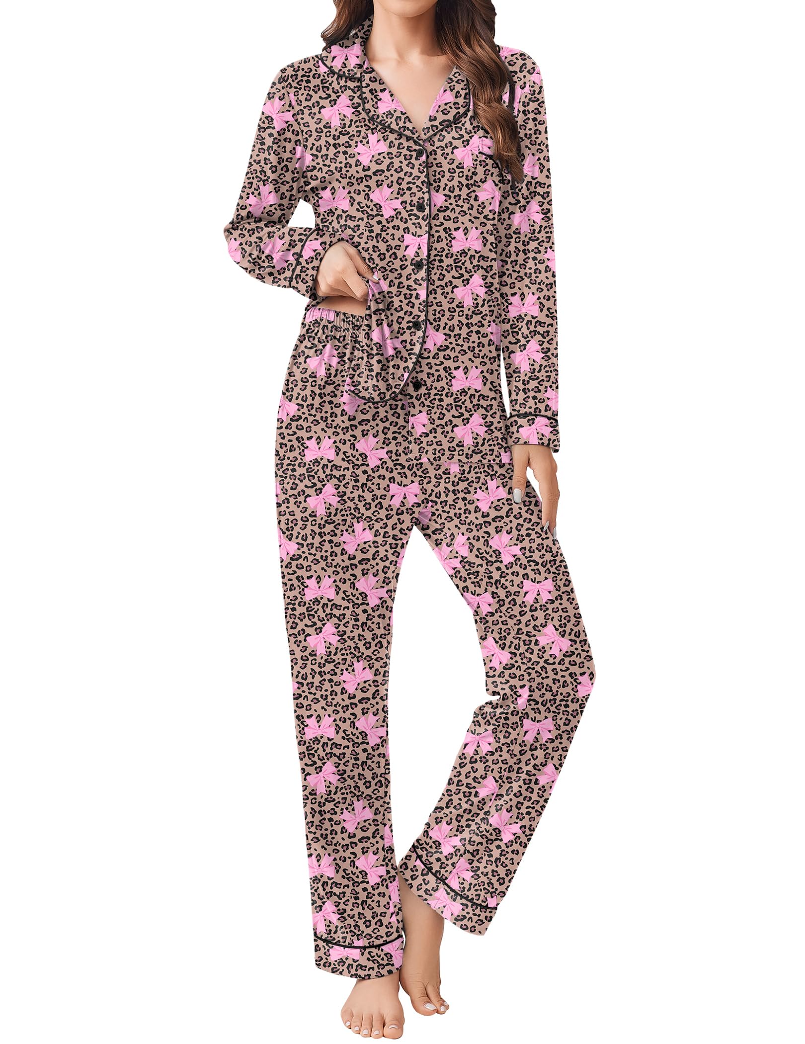 Ekouaer Womens Pajamas Set Button Down Long Sleeve Top & Pants Lounge Sets