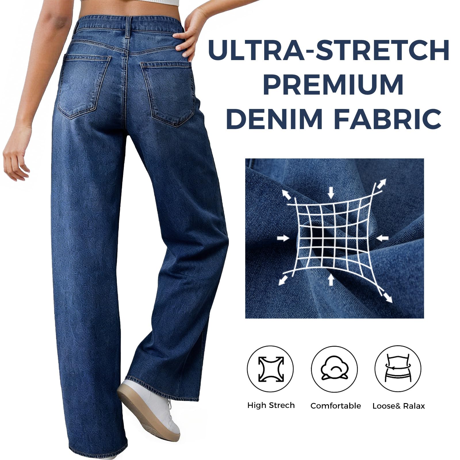 Women's Wide Leg Jeans High Waisted Baggy Straight Leg Loose Stretchy Casual Denim Pants