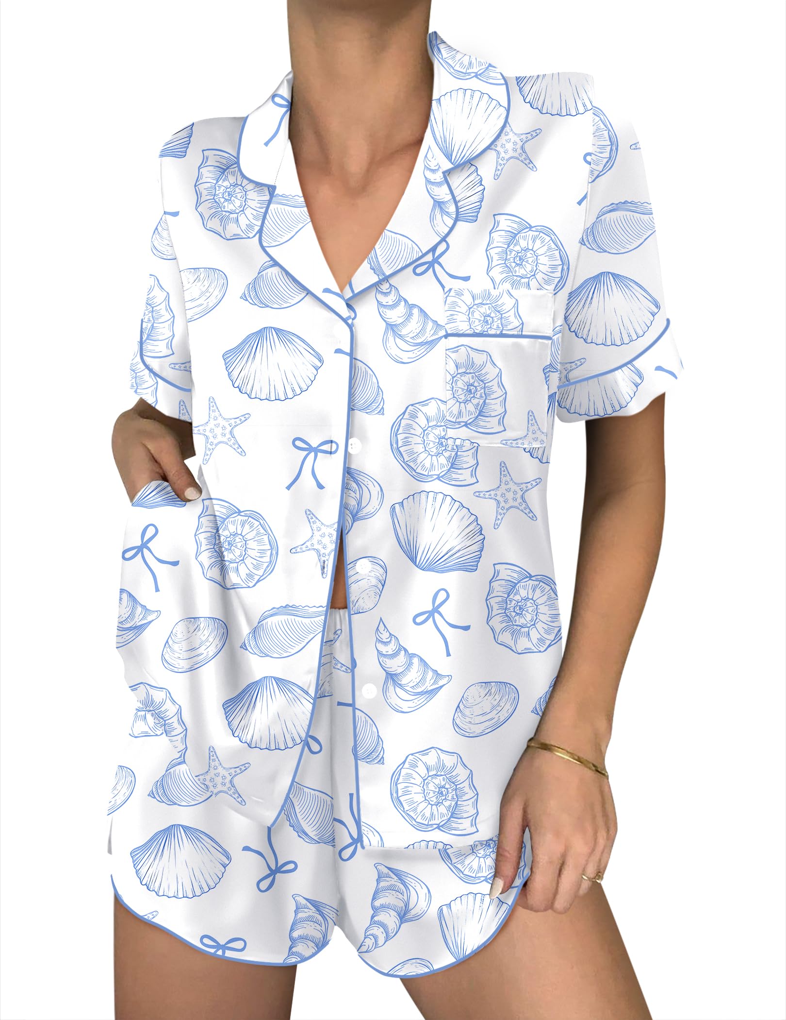Ekouaer Women Satin Pajama Sets Cute Print Silk Pjs Shorts Sets S-4XL