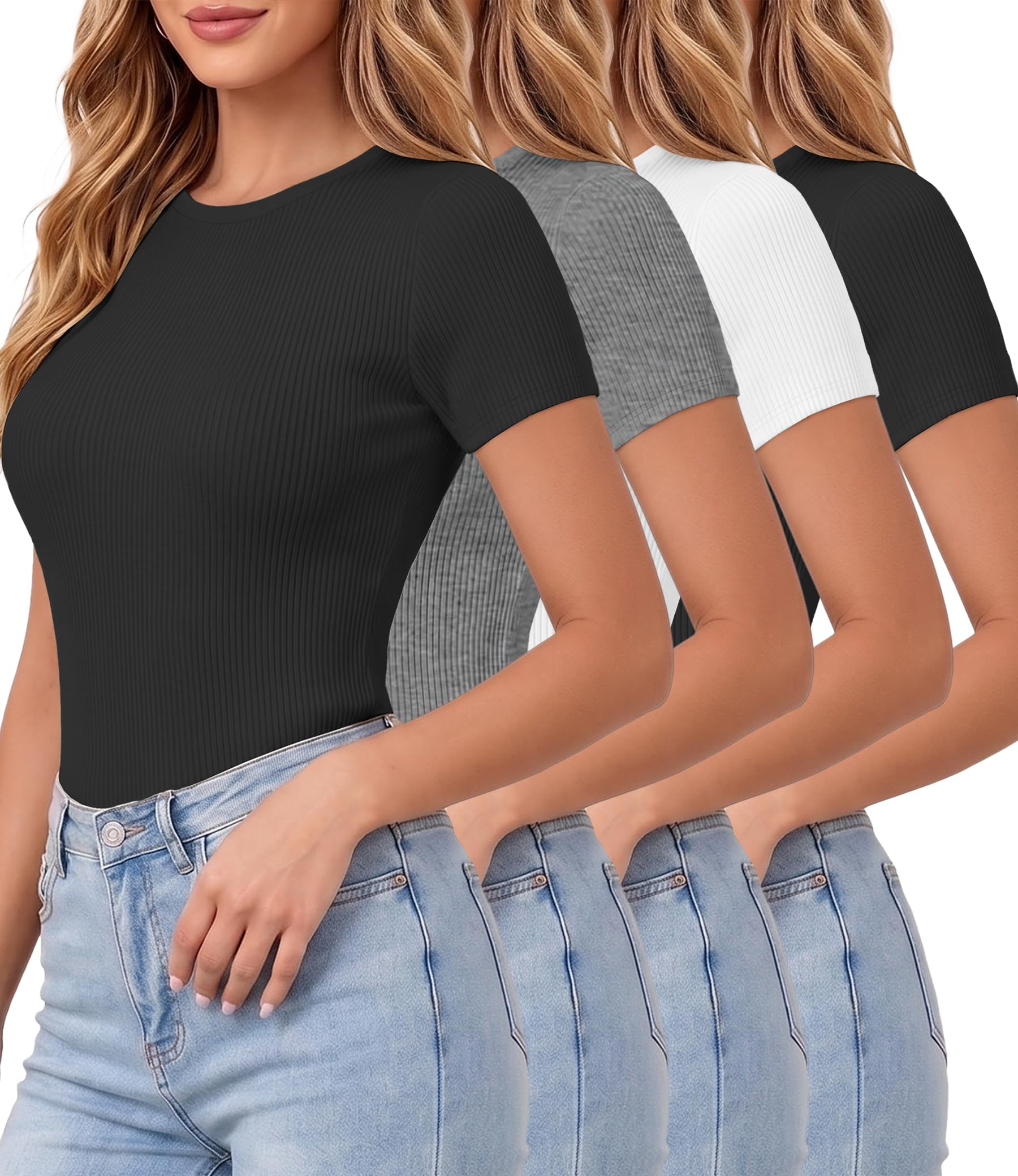 4 Pack Basic Tees T Shirts for Women Workout Gym Compression Fitted Short Sleeve Plain T Shirts Crop Tops Y2K