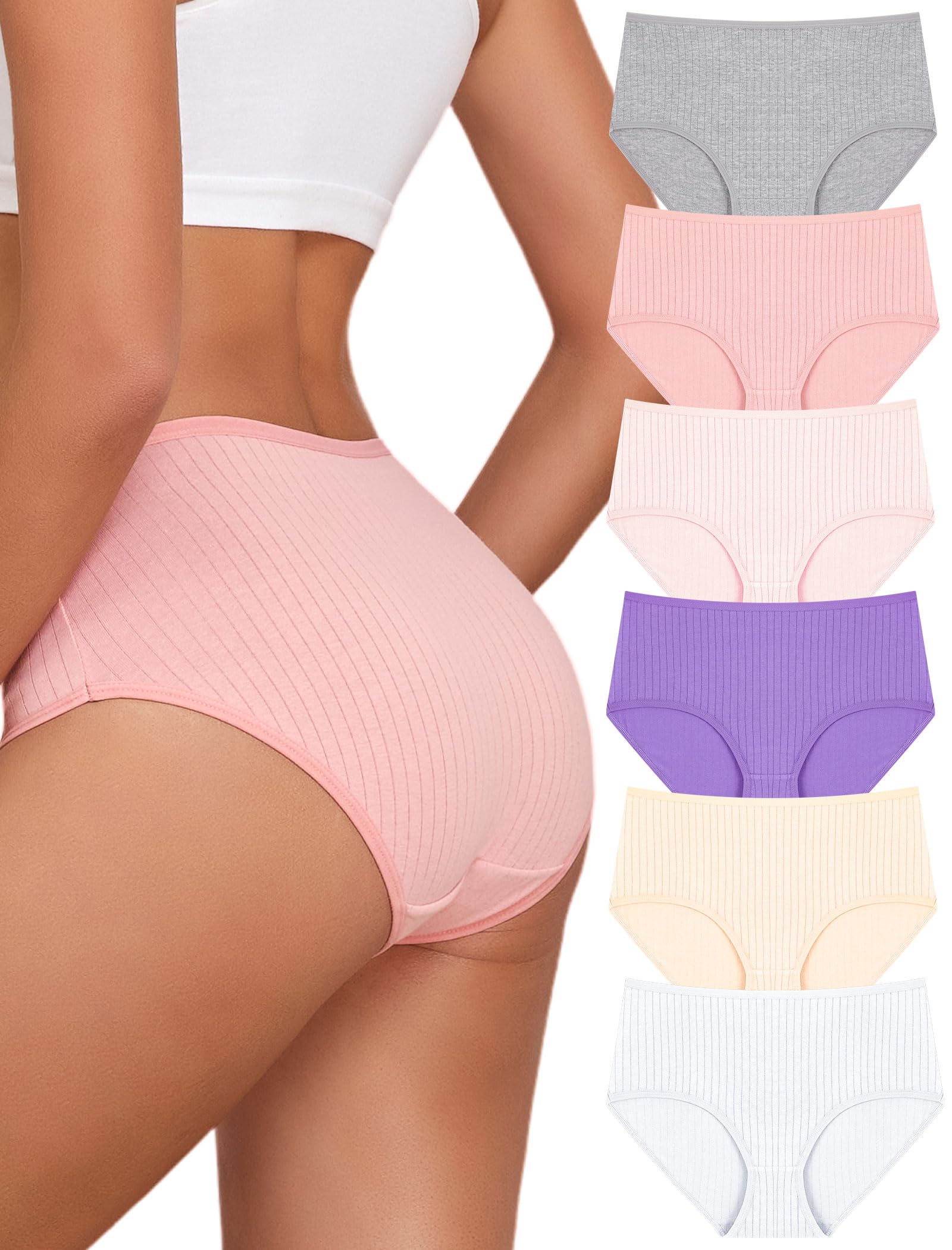 FINETOO Cotton Underwear Women High Waisted Ribbed Breathable Briefs 6 Pack