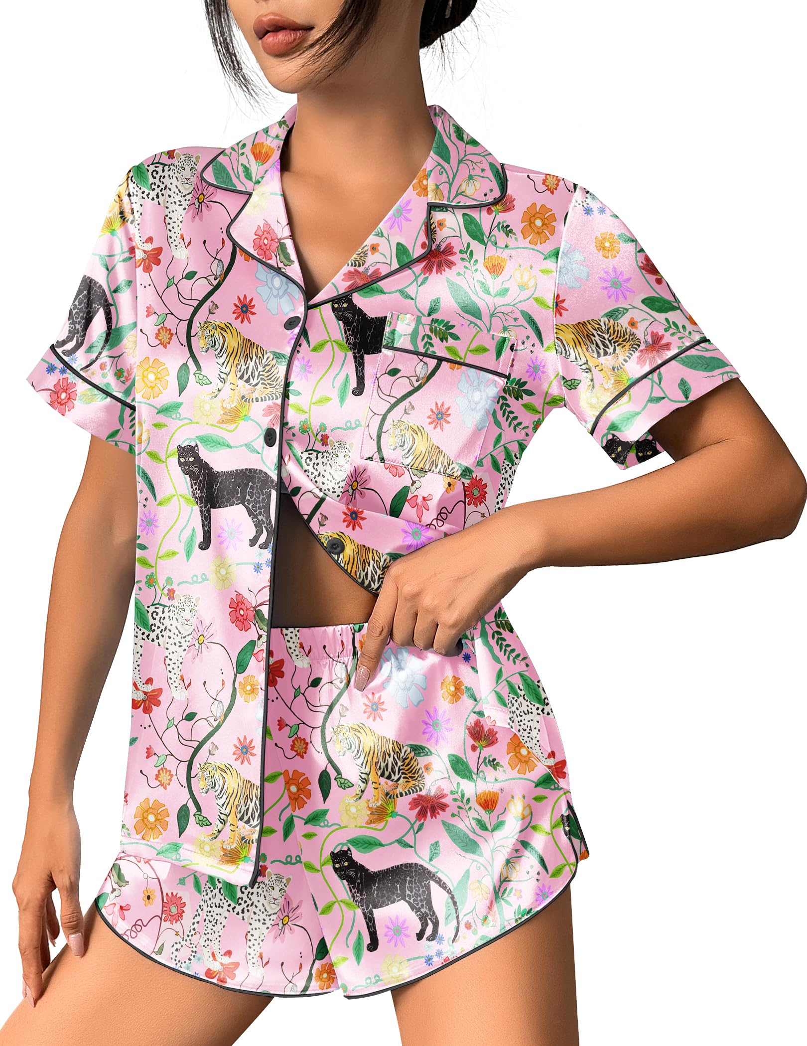Ekouaer Womens Silk Satin Pajama Set Print Short Sleeve Sleepwear Button Down Pjs Shorts Set Loungewear