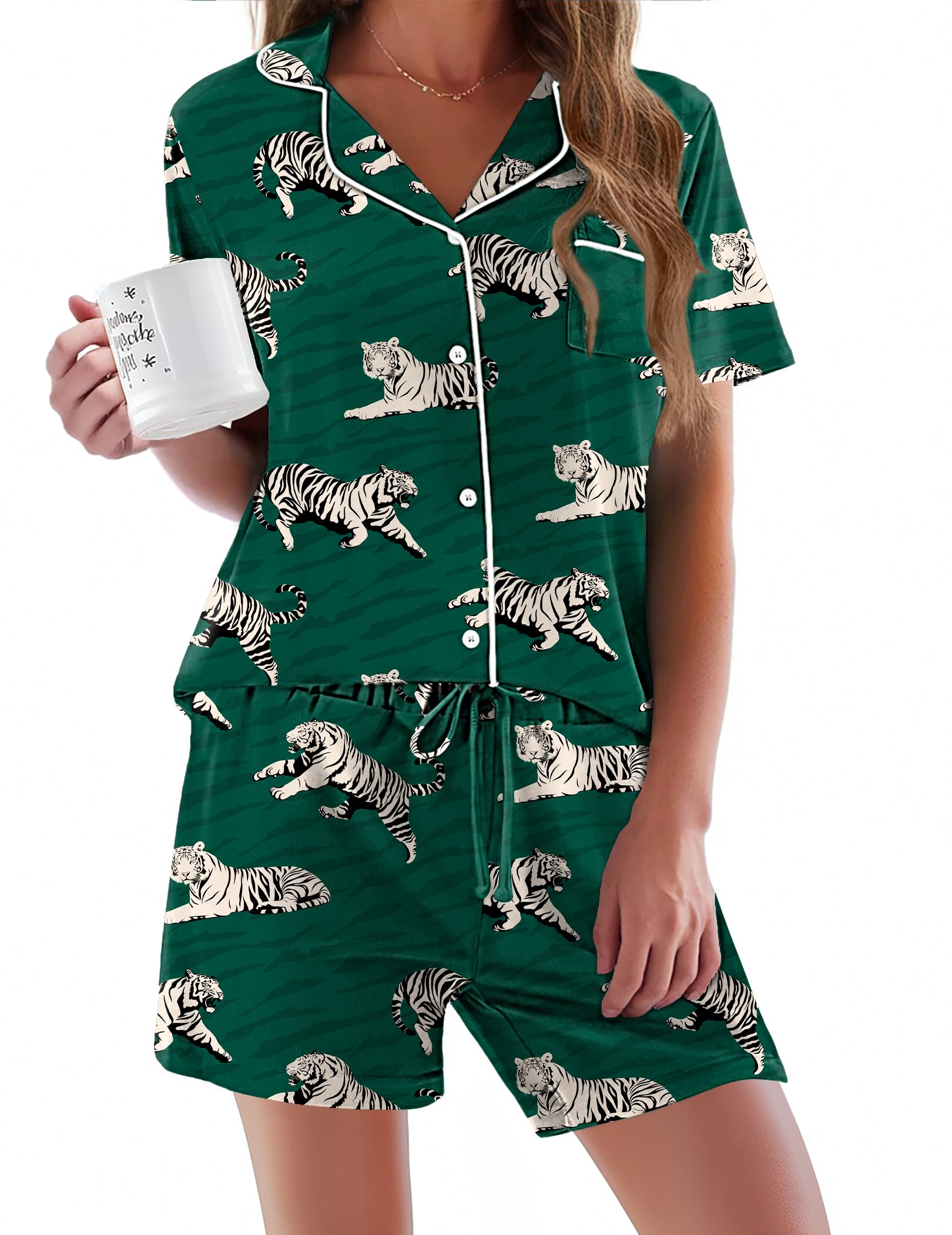 Ekouaer Pajamas Set for Women Short Sleeve Sleepwear Button Down Pj XS-XXXL