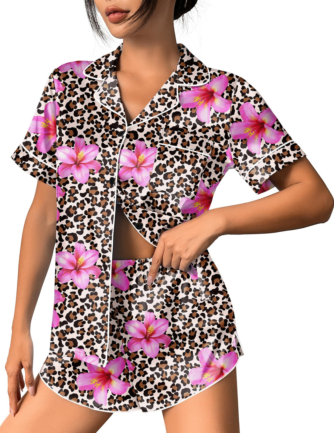 Ekouaer Womens Silk Satin Pajama Set Print Short Sleeve Sleepwear Button Down Pjs Shorts Set Loungewear