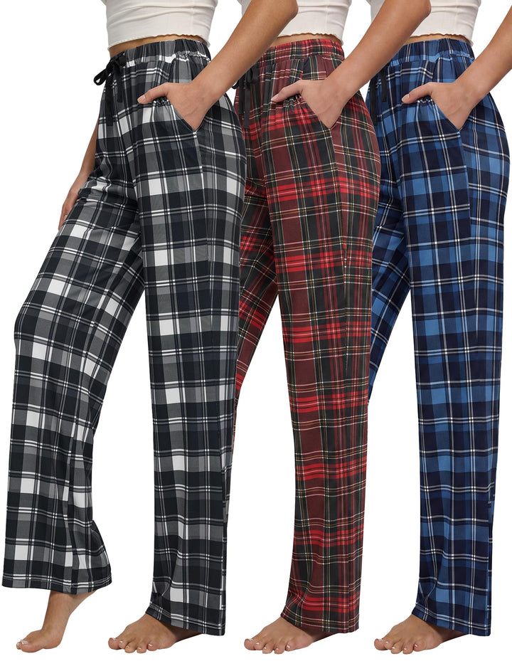 3Pack Women Pajama Pants Plaid Sleepwear with Pockets