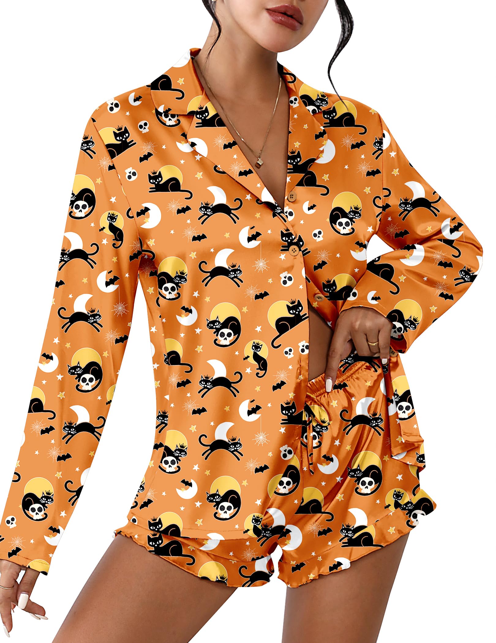 Ekouaer Womens Satin Pajama Sets Cute Button Down Silk Pjs with Ruffle