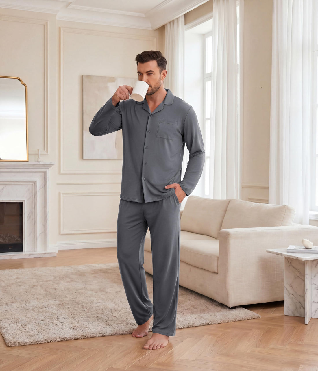 Ekouaer Mens Pajamas Set Long Sleeve Button Down Pjs Long Pants with Pocket