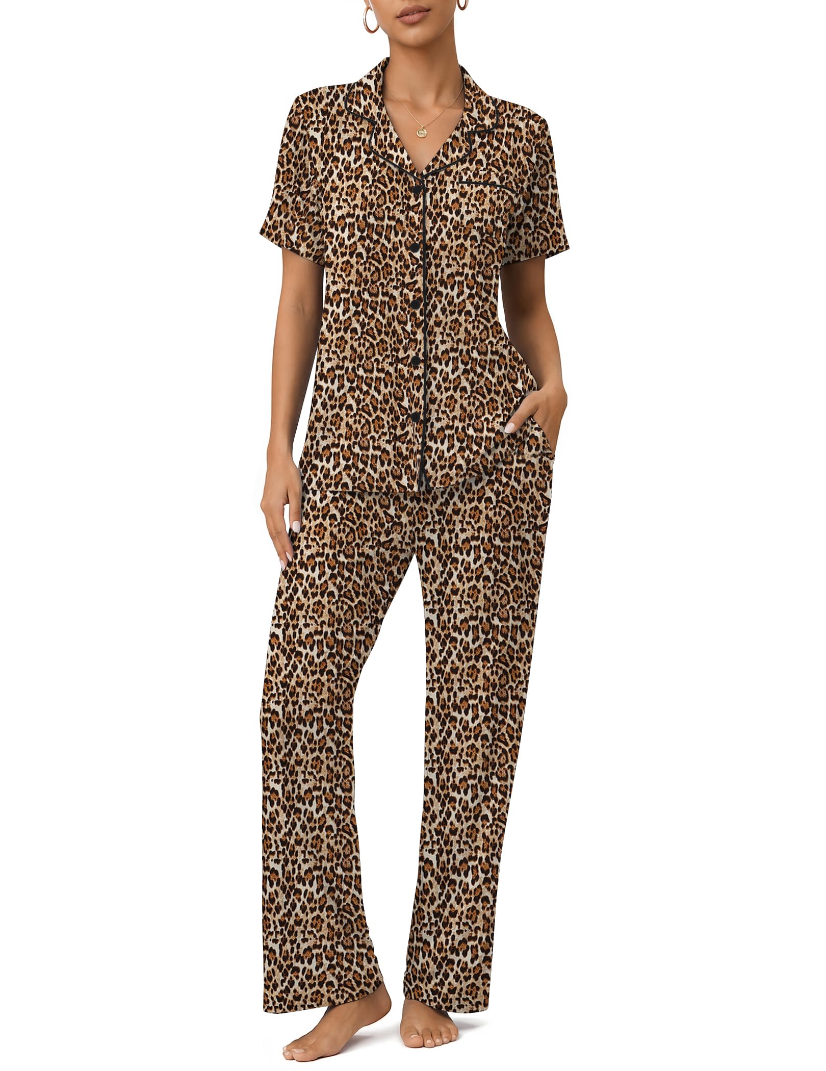 Womens Pajamas Sets 2 Piece Button Up Pj Sets Short Sleeve with Long Pant