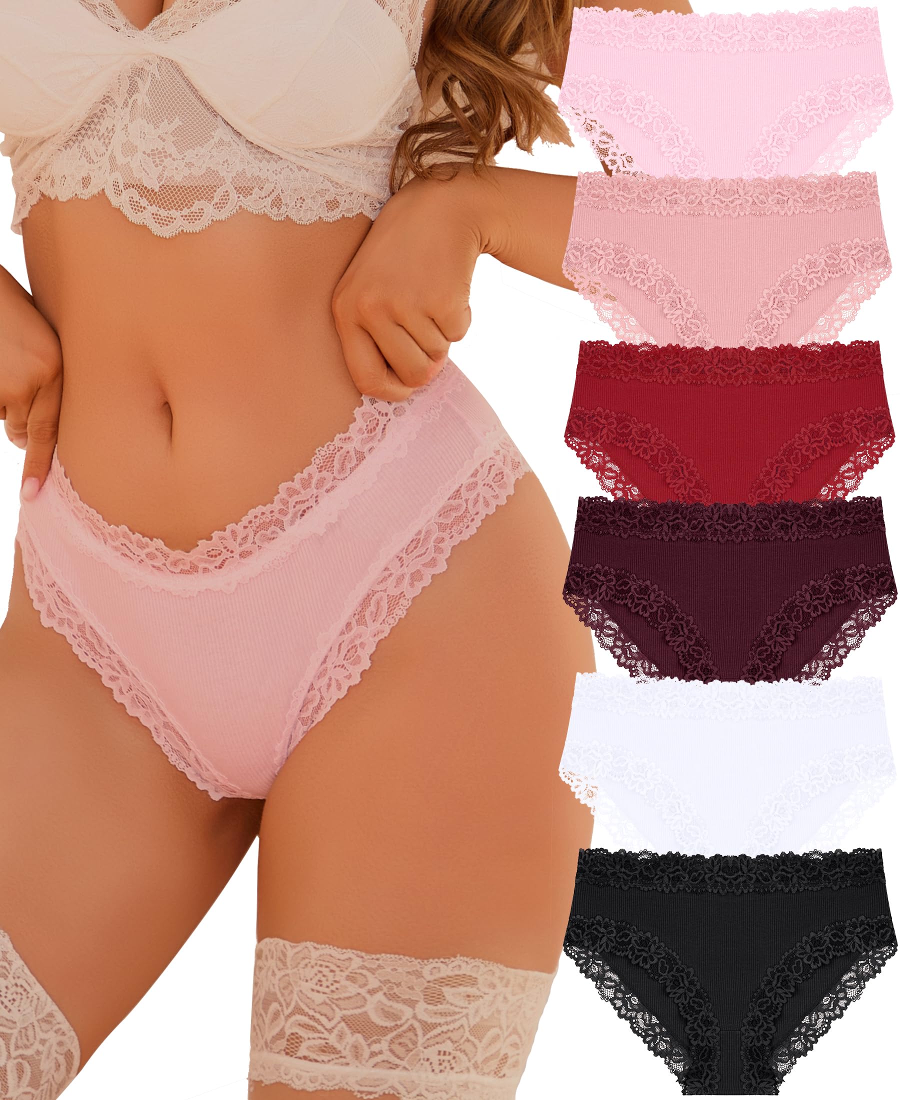 Knowyou Cotton Underwear for Women No Roll Soft Panties No Dig Lace Waist Hipster Breathable Cheeky Lingerie for Women