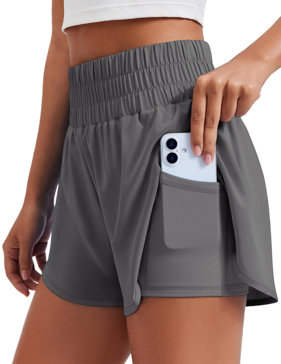 PINSPARK Women's 2 in 1 Running Shorts High-Split Athletic Short High Waisted 3" Liner Workout Gym Short with Pockets