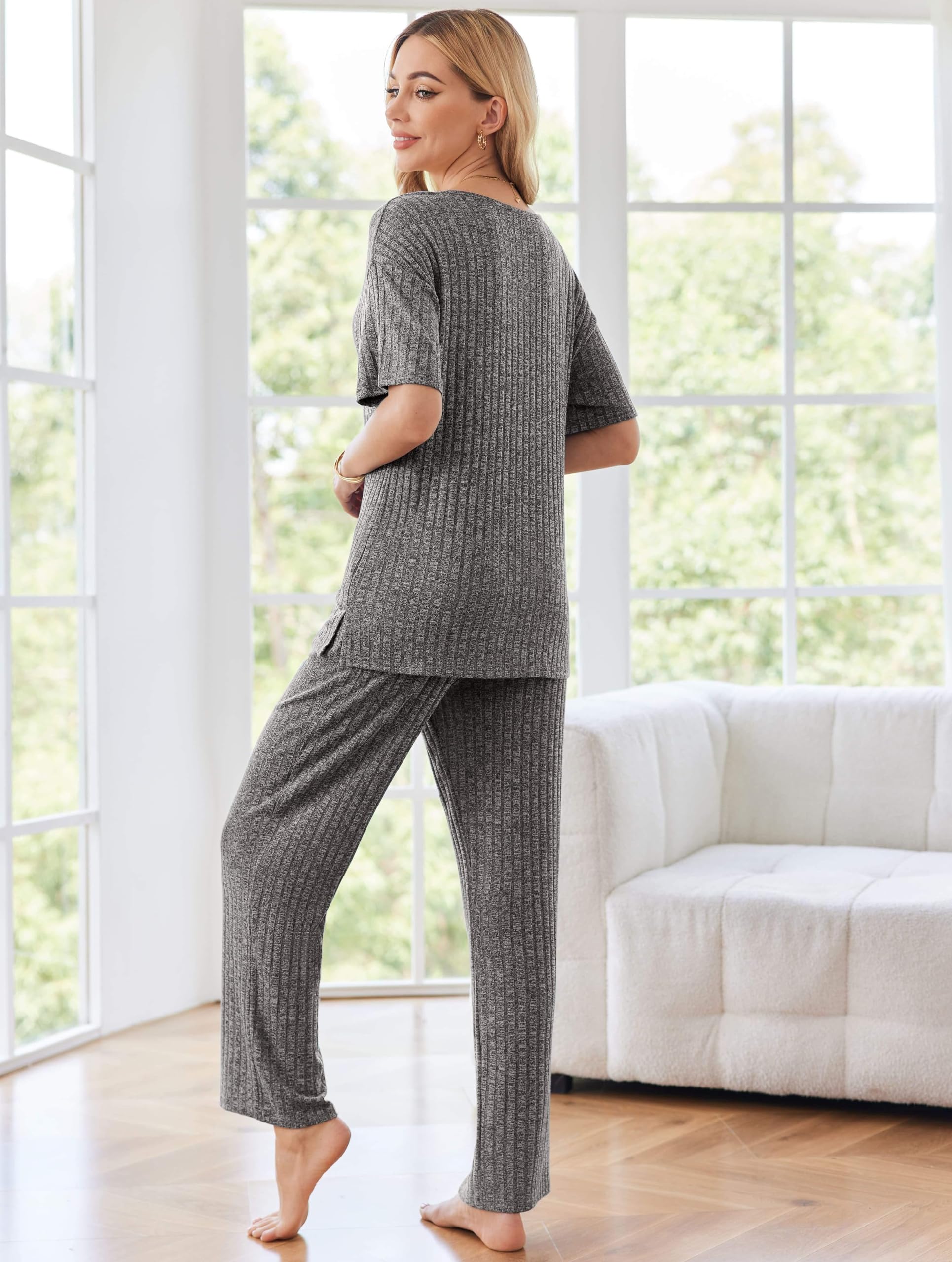 Ekouaer Womens Ribbed Knit Lounge Set Short Sleeve Top and Long Pants Sleepwear Pajama Set Two Piece Matching Outfits Set