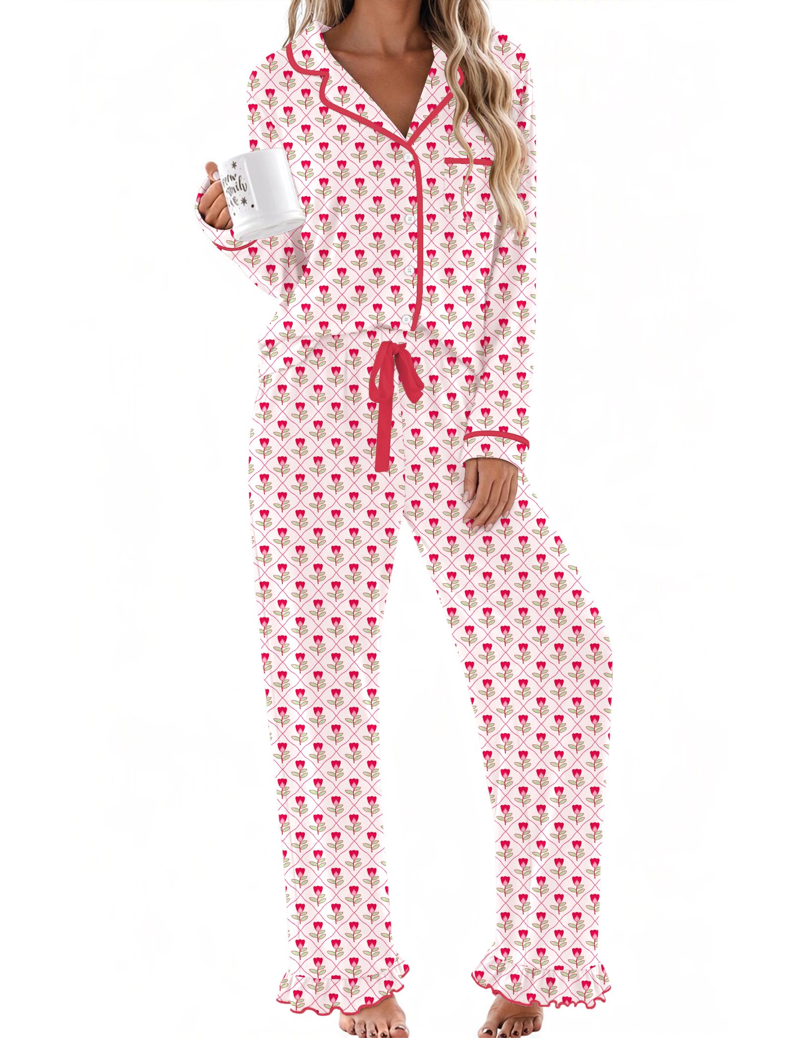 Ekouaer Womens Pajama Sets Long Sleeve Sleepwear Button Down Pjs Loungewear