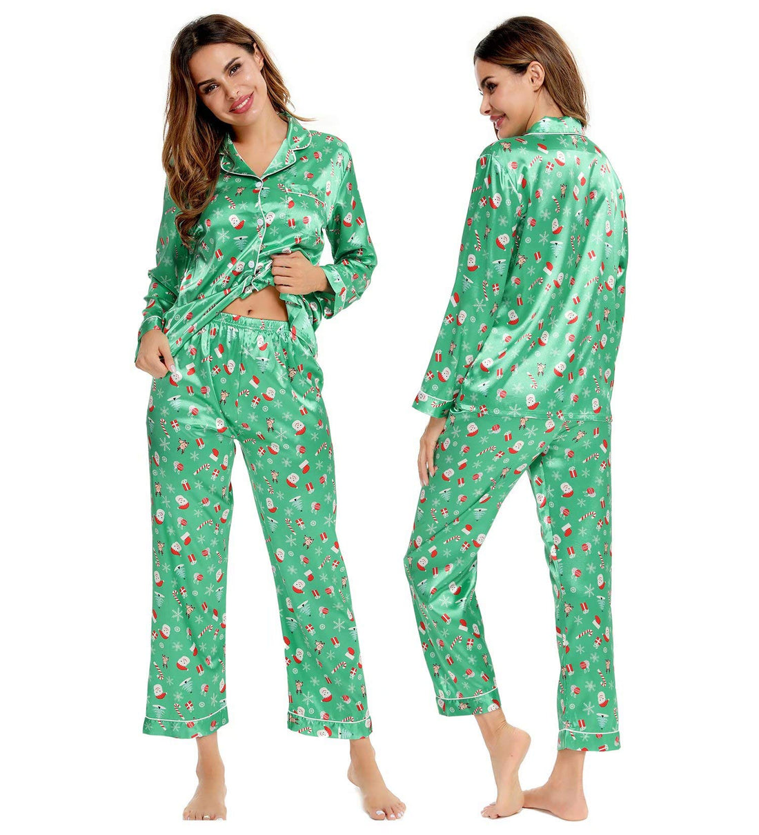 SWOMOG Womens Silk Satin Pajamas Set Long Sleeve Button Down Sleepwear 2 Piece Lounge Set Pj Set XS-3XL